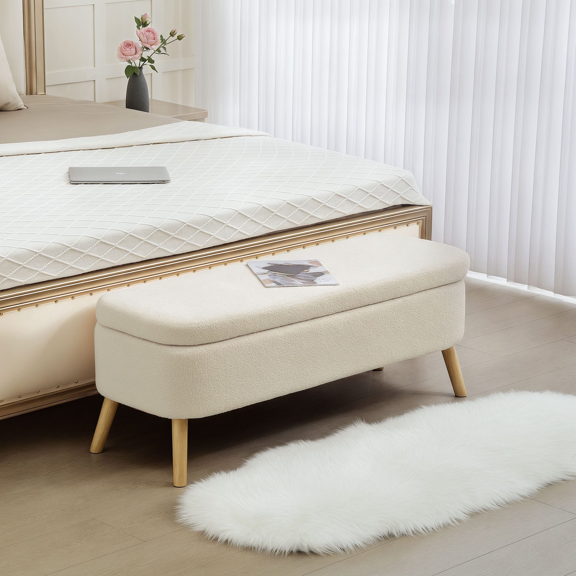 HOMCOM Sitzbank Polsterbank Truhenbank für Wohnzimmer, Beige (Bank, 1-St., Aufbewahrungsbank), mit Stauraum, Teddy-Fleece, Holzbeine