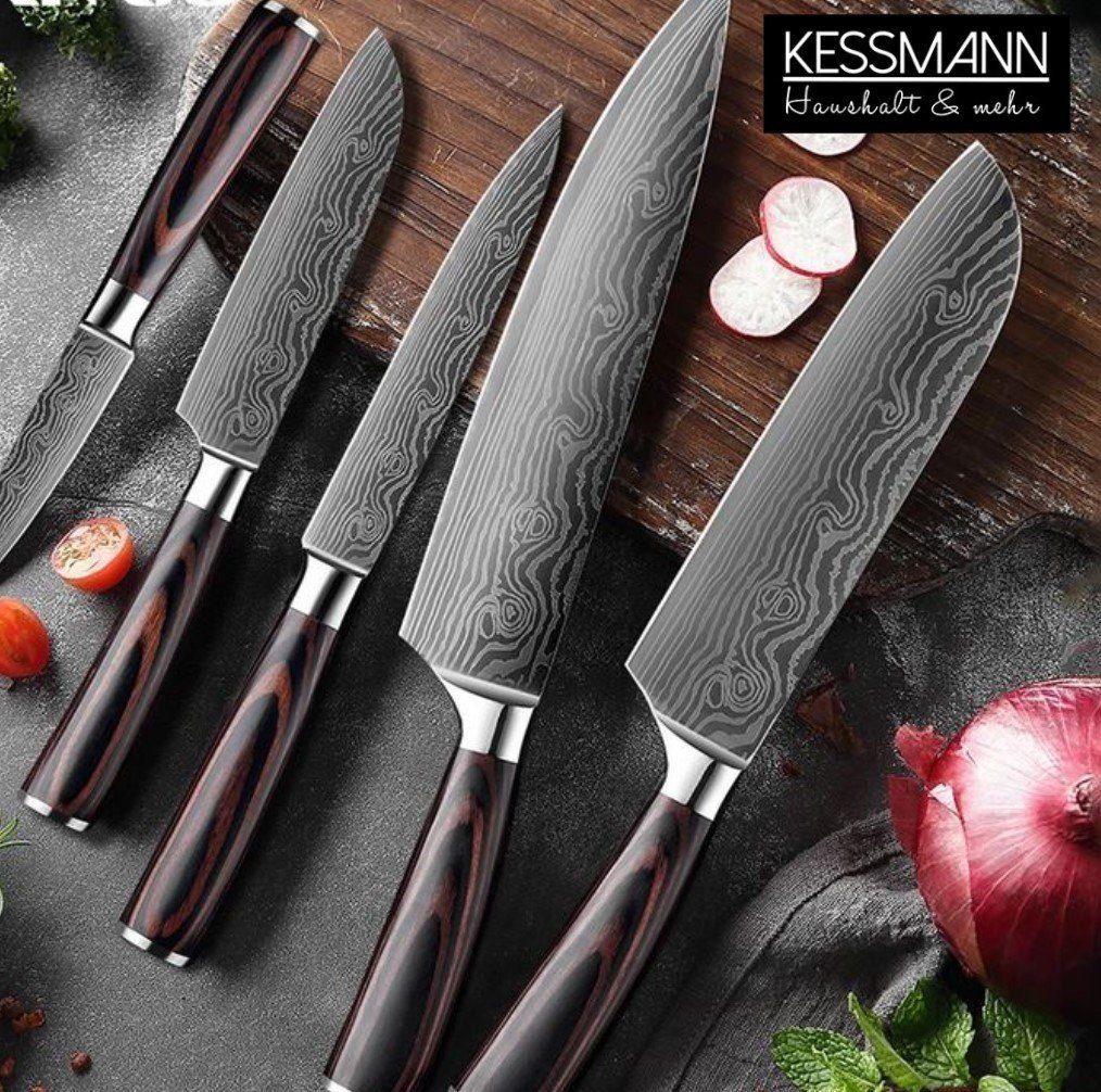 KESSMANN Messer-Set Edelstahl Knife), Küchenmesser Allzweckmesser mit Kochbesteck Profi teilig Messerset 5-tlg., Küchenmesser scharf Schälmesser Santokumesser Messer 5 Fleischmesser (Set, Kochmesser ultra Laserschliff Damaskus Set