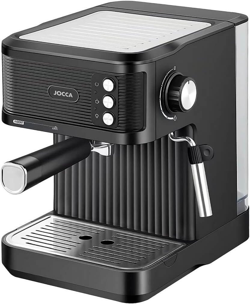 Jocca Espressomaschine Espressomaschine Schwarz 850W, 20 Bar, 1,8L Tank, Milchaufschäumer, Edelstahlgehäuse, Edles Design, Alluminiumfilter, Tassenwärmer
