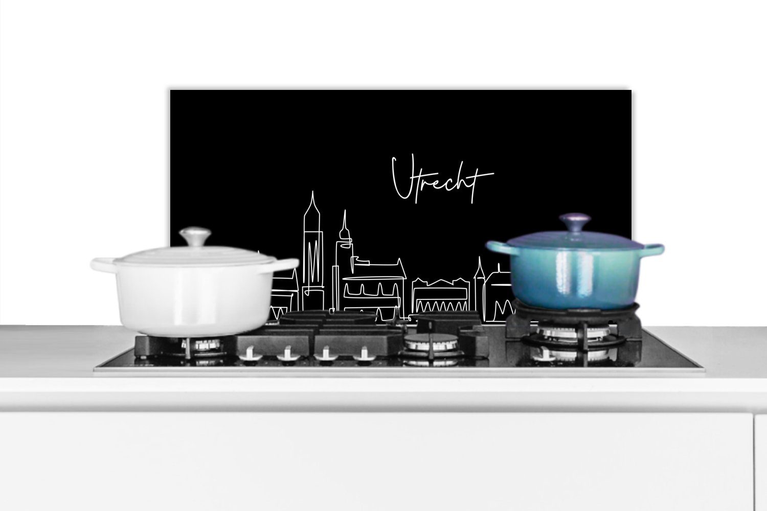 MuchoWow Küchenrückwand Strichzeichnung - Utrecht - Skyline - Schwarz und weiß, (1-tlg), 60x30 cm, Wandschutz, gegen Fett und Schmutzflecken für Küchen