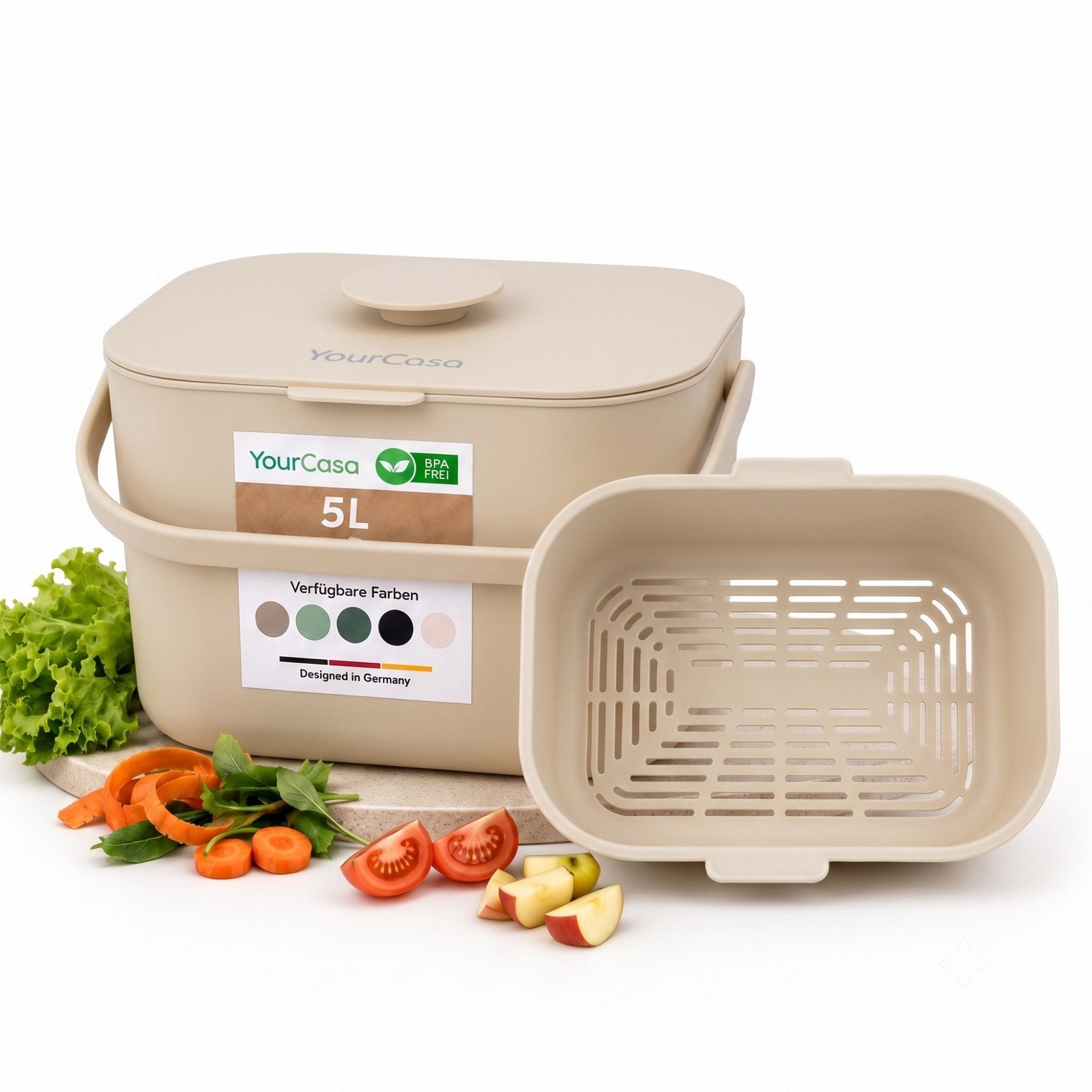 YourCasa Biomülleimer Küche 5L - Komposteimer Küche mit Sieb Spülmaschinenfest, Fassungsvermögen 5L, Spülmaschinenfest