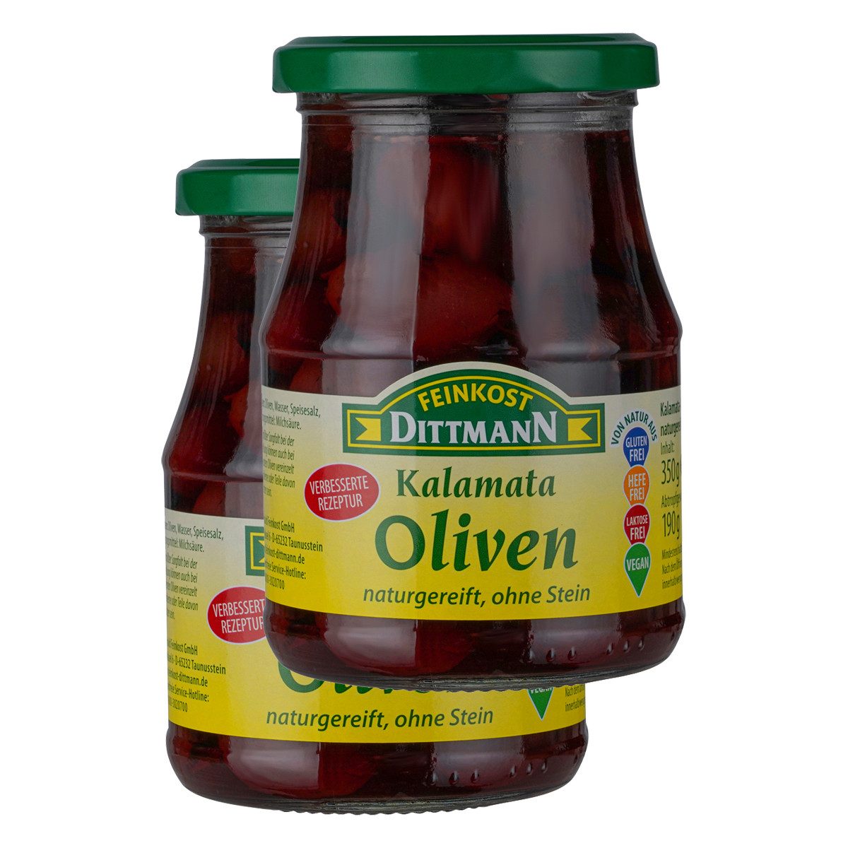 Feinkost Dittmann Gemüsekonserve, Feinkost Dittmann Kalamata-Oliven ohne Stein, 2er Pack (2 x 350 g)