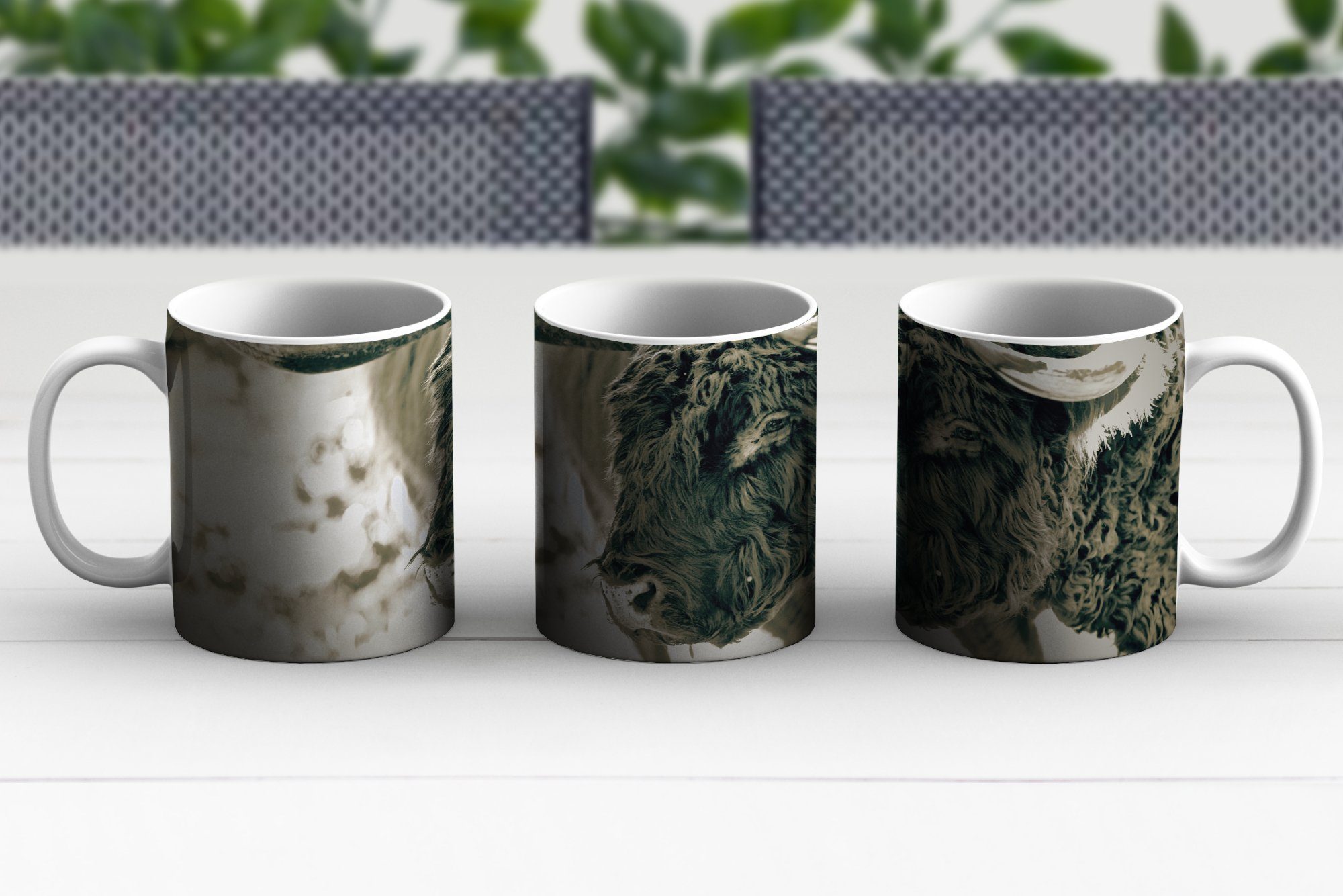 Teetasse, - Highlander Hörner, Kaffeetassen, Teetasse, Geschenk Keramik, Tasse Schottischer - Becher, Schnee MuchoWow