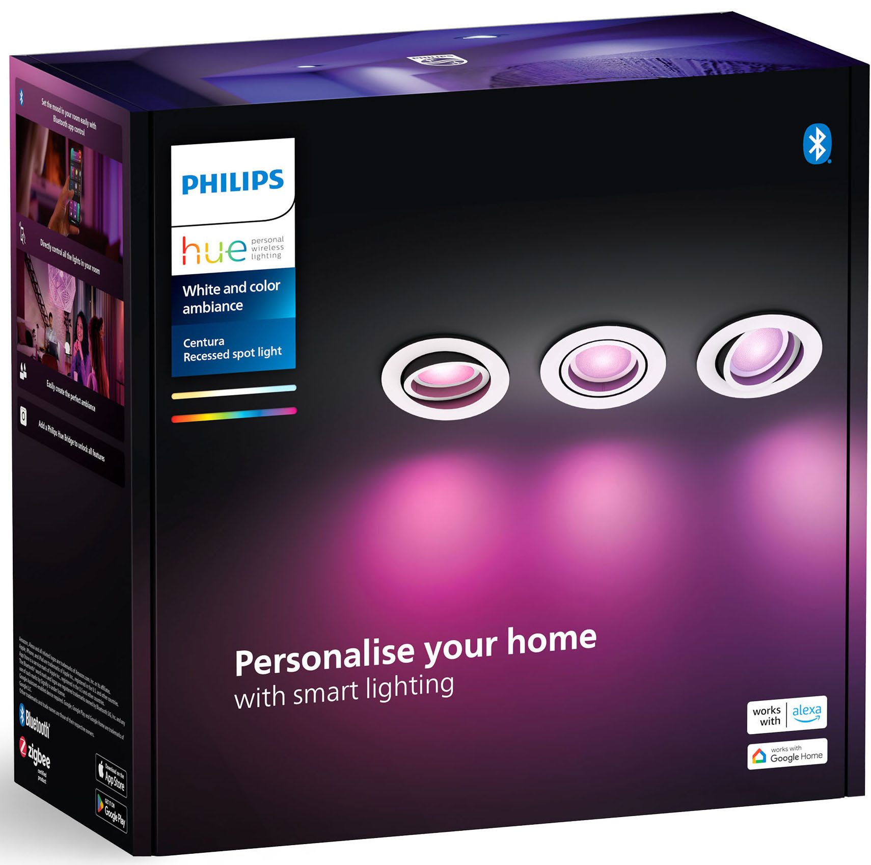 Philips Hue LED Einbauleuchte White & Color Ambiance Centura Einbauspot 3er Pack rund, Abschaltautomatik, Bluetooth, CCT - über Fernbedienung, Dimmfunktion, Farbsteuerung, Farbwechsel, Leuchtdauer einstellbar, Memoryfunktion, Nachtlichtfunktion, RGB, Smart Home, Timerfunktion, dimmbar über Fernbedienung, erweiterbar, mehrere Helligkeitsstufen, LED wechselbar, RGB