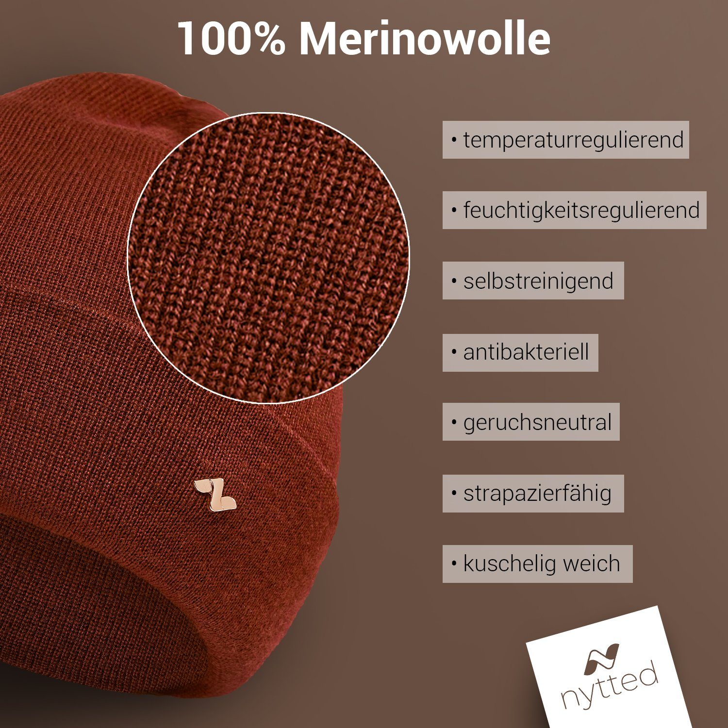 - 100% - Damen für in Made Merino-Wolle Beanie Germany NYTTED® Herren rost - & Wintermütze
