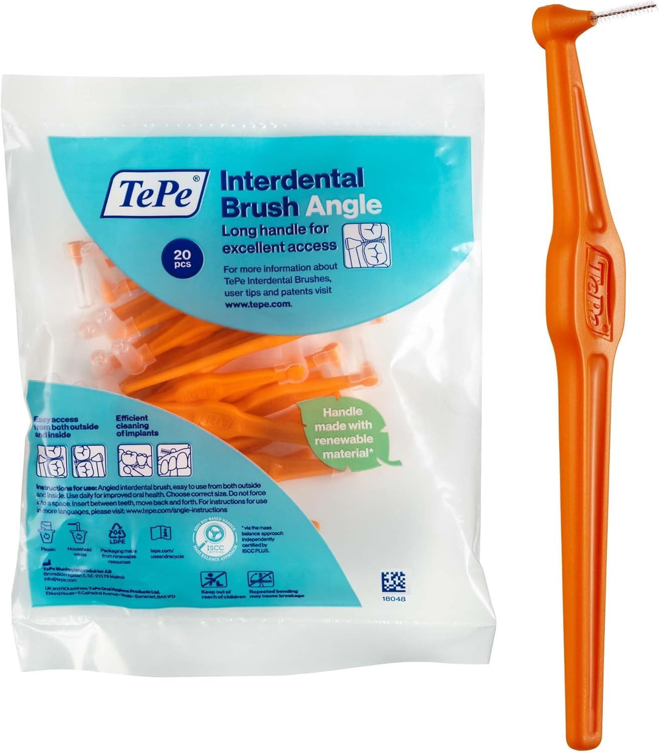 TePe Interdentalbürsten Angle Orange 0,45 mm, ISO-1, 20-Pack, Langer, flacher Griff