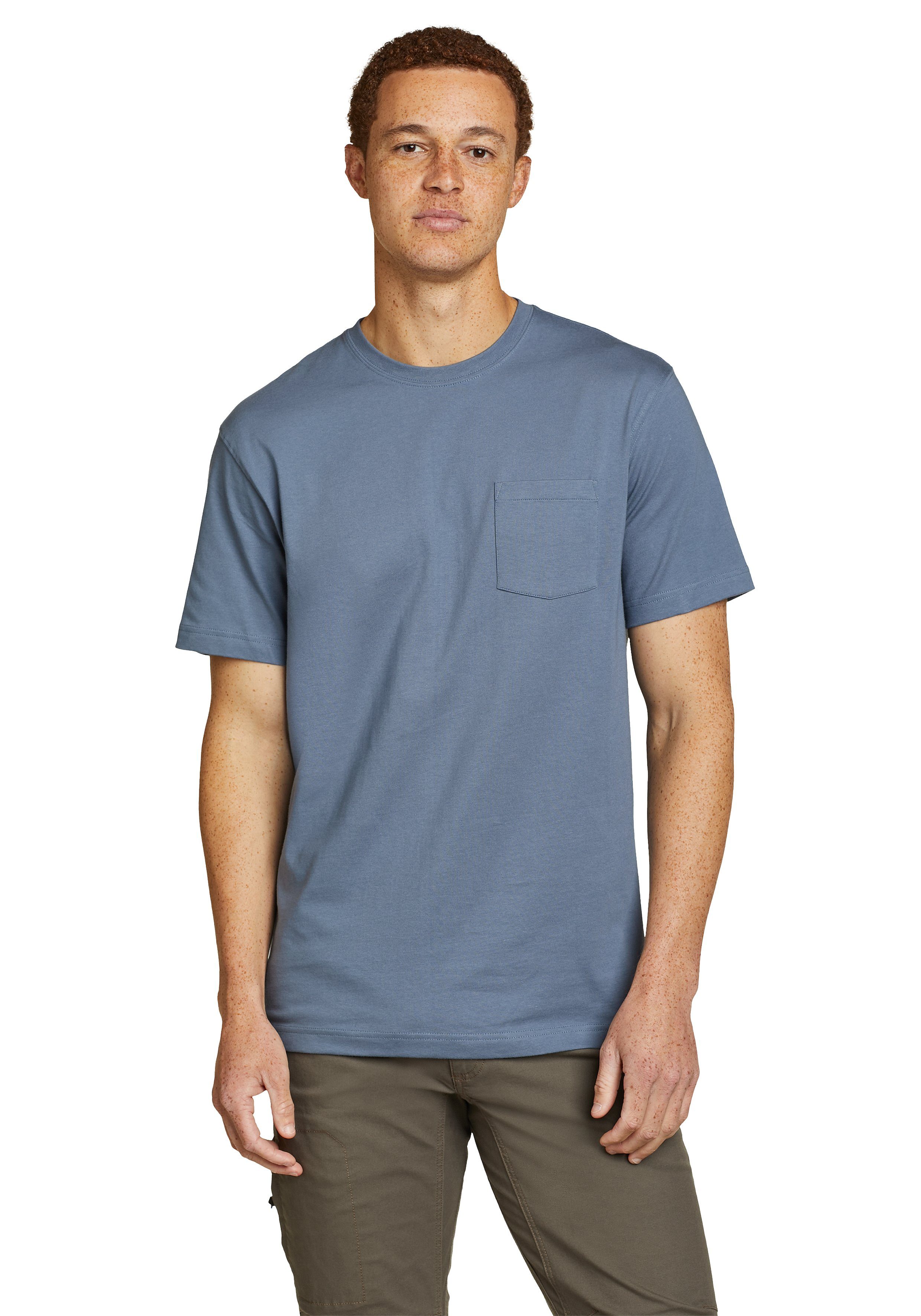 Eddie Bauer T-Shirt Legend Nebelblau Wash 100% Kurzarm Blue Tasche mit - Haze / Pro Baumwolle Shirt