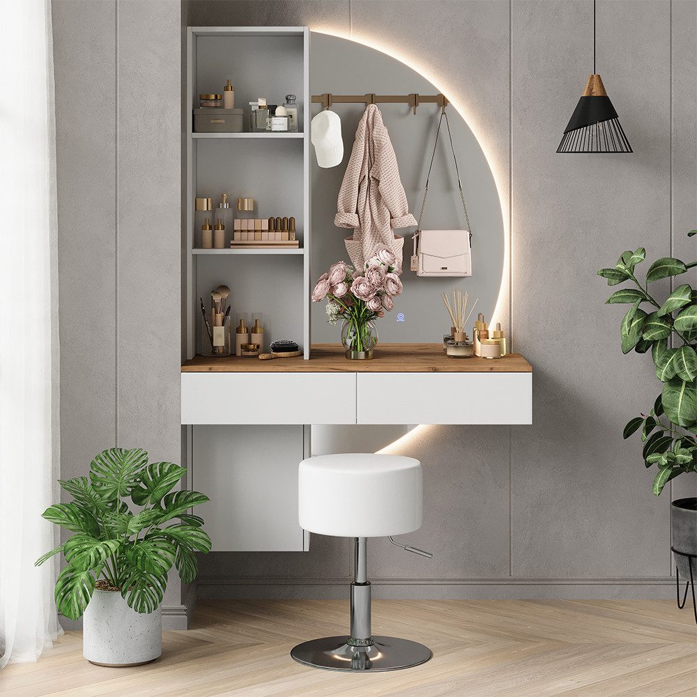 Vicco Schminktisch Melora, Weiß/Eiche, 100 cm mit LED-Spiegel und Hocker (3-St)