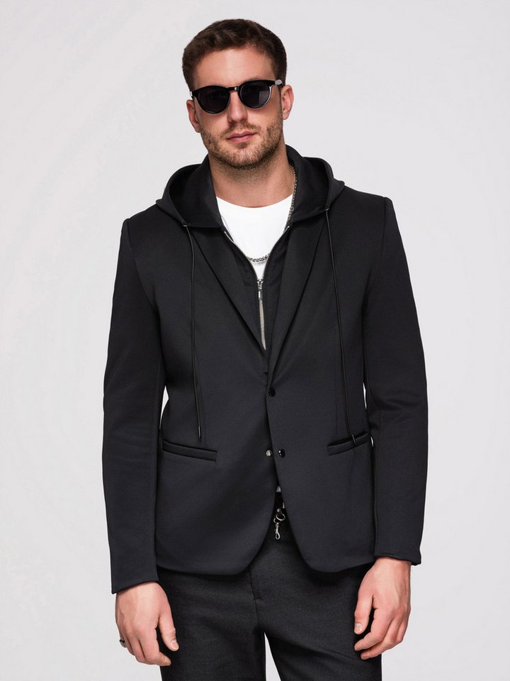 OMBRE Anzugsakko Herren Blazer Regular Fit mit abnehmbarer Kapuze Schwarz M (kein Set, 1-tlg) Regular Fit