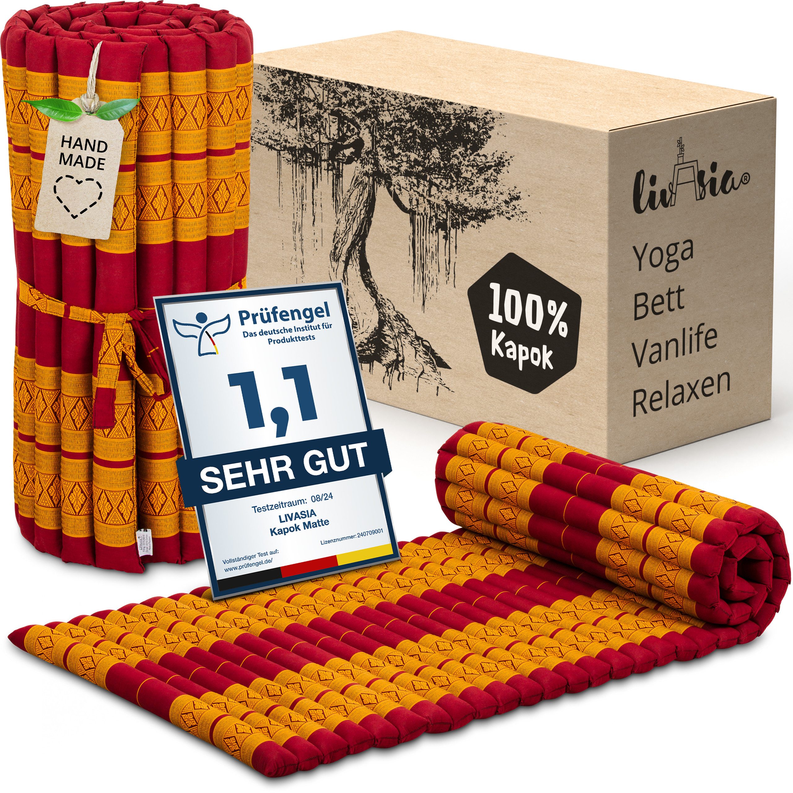 Reisebett-Matratzen Rollmatte 75 cm breit, vegan und handgefertigt, 200x75x4,5cm, livasia, 4.5 cm hoch, Kapok