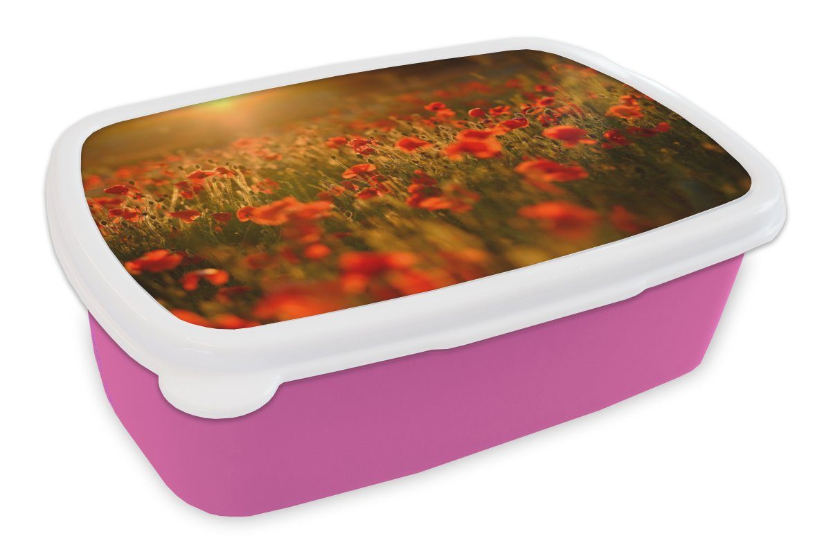 Lunchbox dem Brotdose Erwachsene, Mädchen, Kunststoff für Kunststoff, Feld, Leuchten den über (2-tlg), Snackbox, Brotbox Orangefarbenes MuchoWow Mohnblumen auf rosa Kinder,