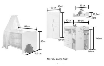 BMG Möbel Babyzimmer-Komplettset Lea, (Set, 6-St., Bett, Wickelkommode, Unterbauregale, Schrank, Wandboard), Bett + Wickelkommode + 2x Unterbauregal + 3-trg. Schrank + Wandboard