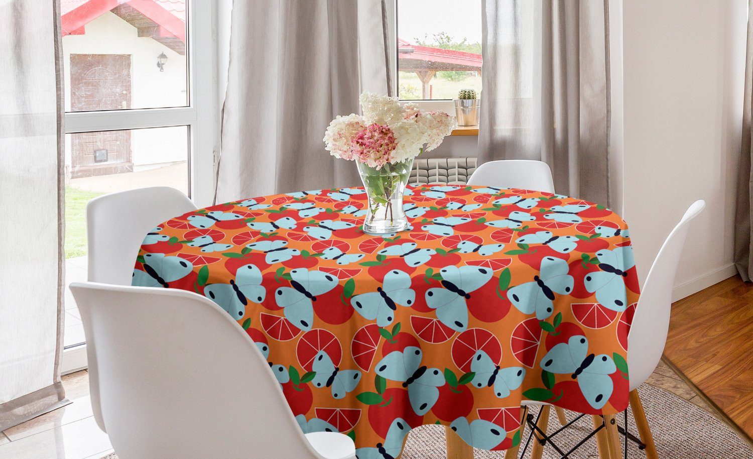 Abakuhaus Tischdecke Kreis Tischdecke Abdeckung für Esszimmer Küche Dekoration, Mandarine Zitrusfrucht Schmetterlinge