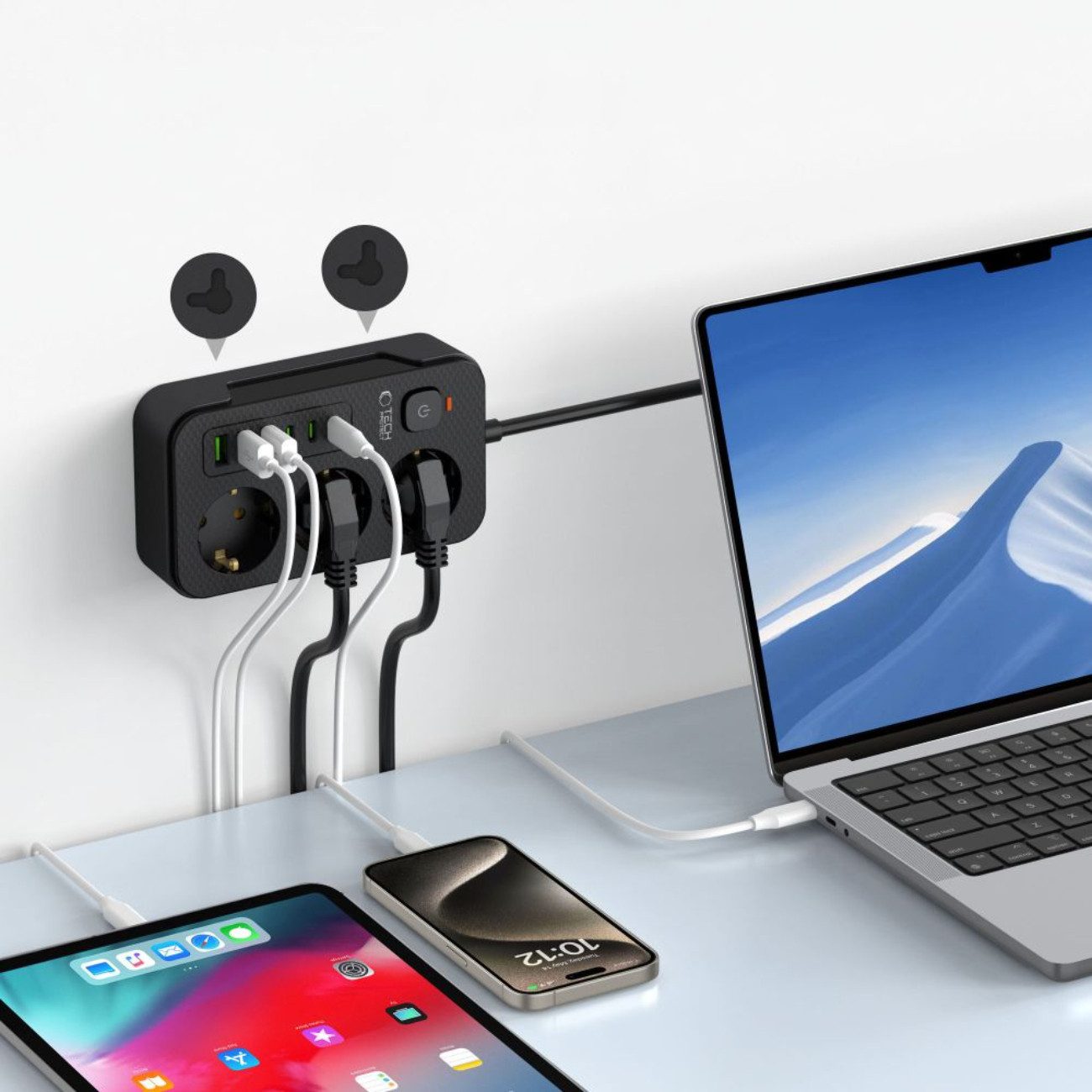 TECH PROTECT PC3X6 Steckdosenleiste (3 Steckdosen, 3x USB-A, 3x USB-C, 200 cm Kabel, Schalter mit LED-Anzeige), 9-in-1 Steckdosenleiste mit USB-A und USB-C Ladeanschlüssen
