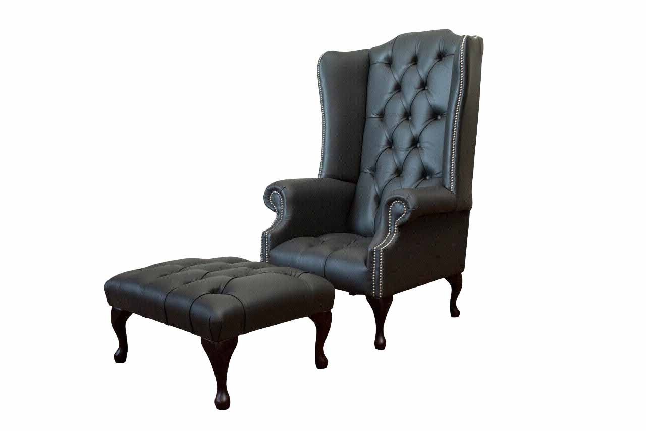 JVmoebel Ohrensessel Designer Chesterfield Sessel mit Hocker aus schwarzem Kunstleder (Packung, 2-St., Ohrensessel), Made in Europa