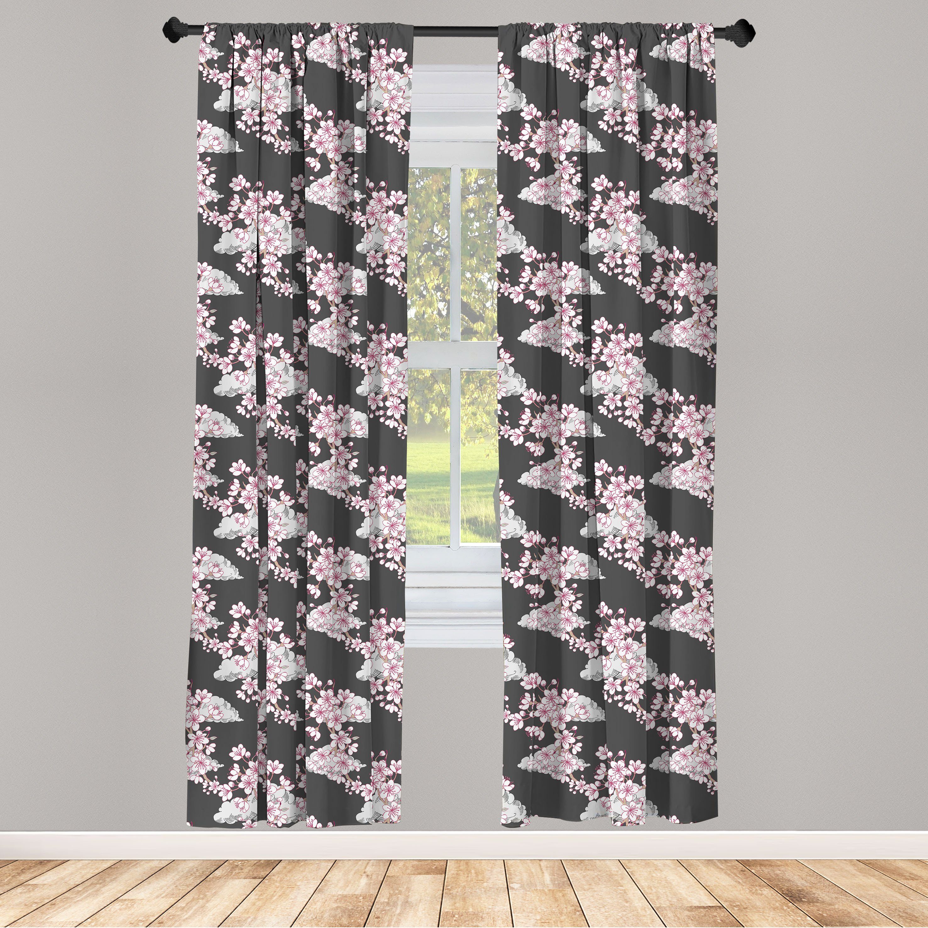 Gardine Vorhang für Wohnzimmer Schlafzimmer Dekor, Abakuhaus, Microfaser, japanisch Sakura Zweige Graustufen