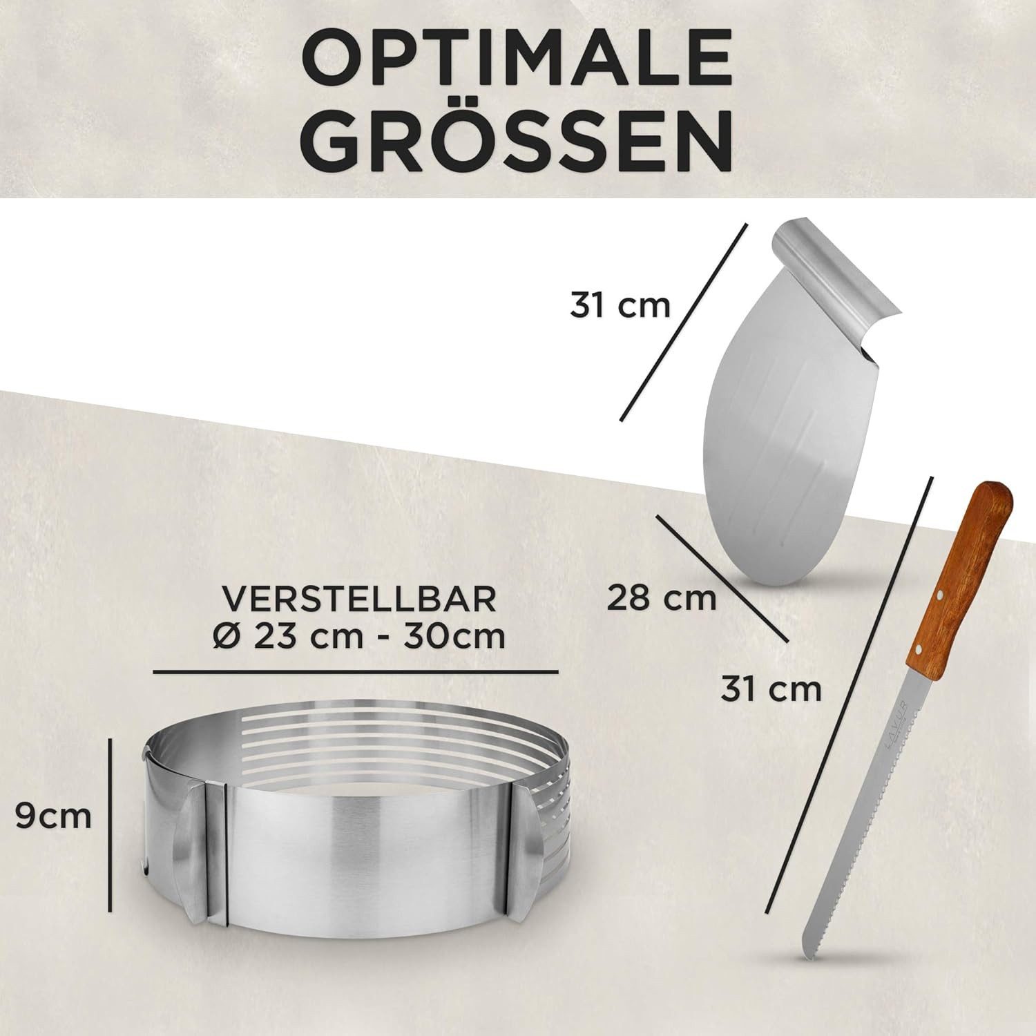 LAVUR Tortenring Tortenring Set 3-teilig 23-30 cm verstellbar inkl. Retter & Messer, Edelstahl, Edelstahl, stufenlos einstellbar Ring & Retter spülmaschinenfest – Bild 4 von 5