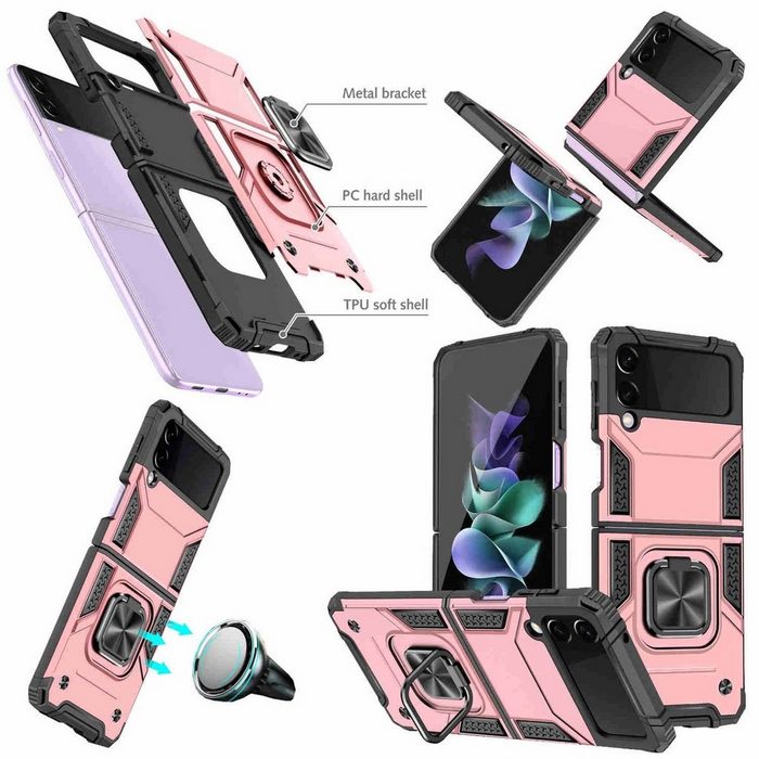 Wigento Handyhülle Für Samsung Galaxy Z Flip4 5G Design Armor Magnet Ring Cover Handy Tasche Etuis Rosa