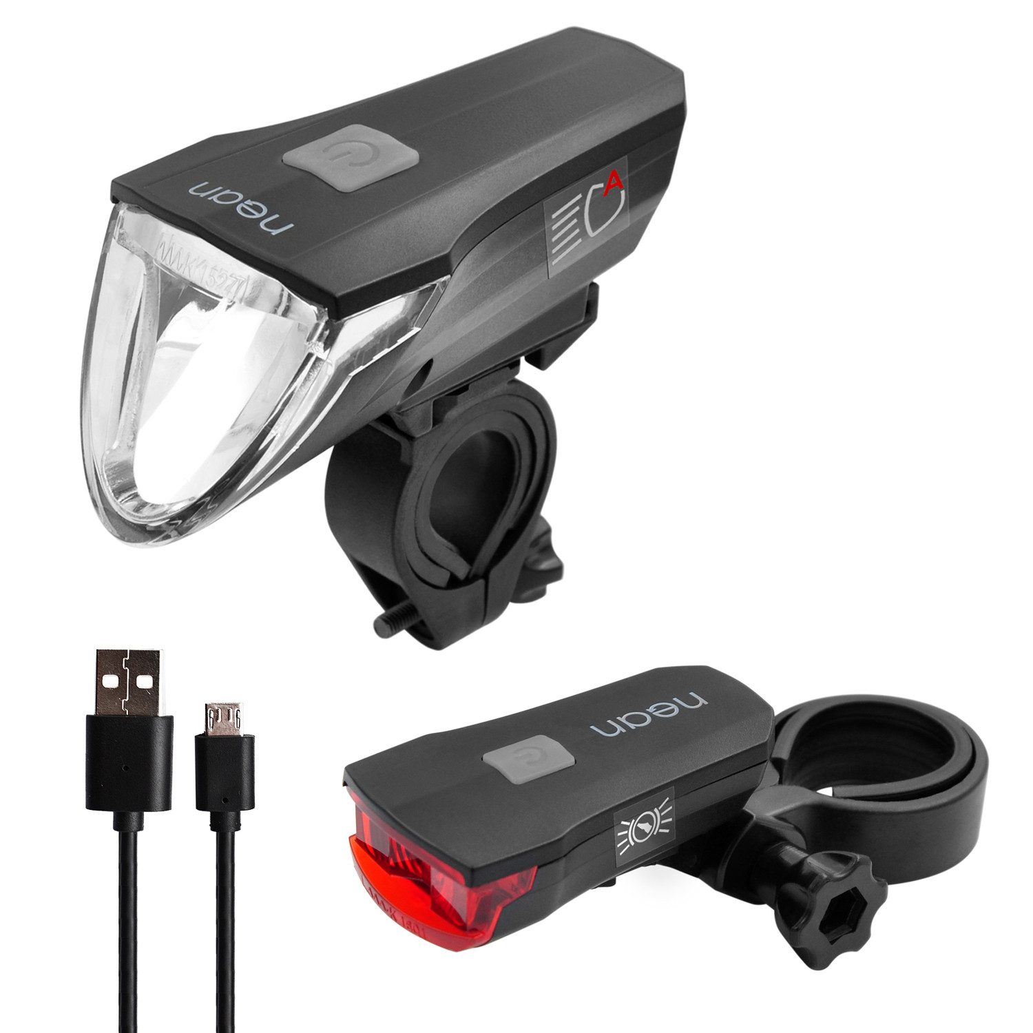 nean Fahrradbeleuchtung Set mit Akku, Lichtautomatik und Bremsleuchte, 60 LUX 6 Candela, mit 3 Helligkeitsstufen und USB-Ladebuchsen, abnehmbar, StVZO