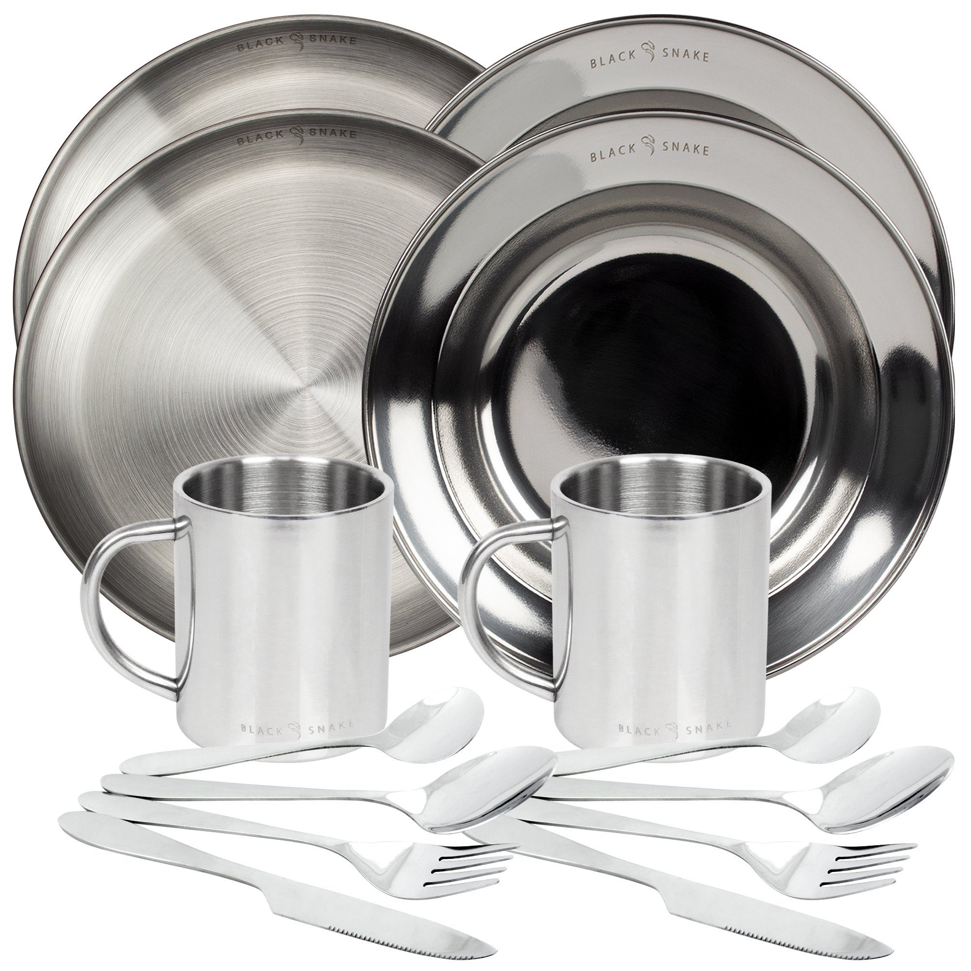 Geschirr-Set flache und tiefe Camping Teller, Besteck und Tasse