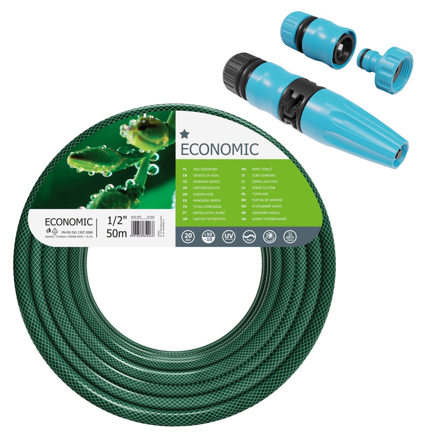 Cellfast Gartenschlauch 10-003 + 50-500, Economic 1/2'' 50m Gartenschlauch + Rasensprenger Set