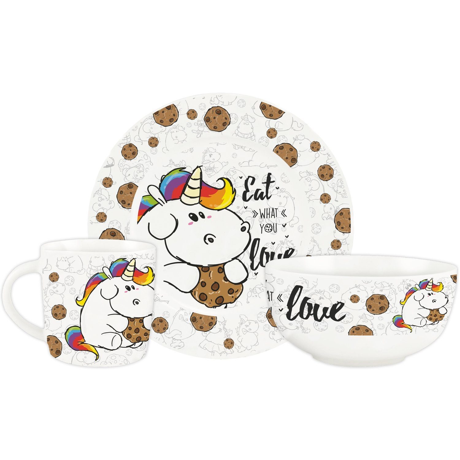 United Labels® Frühstücks-Geschirrset Pummeleinhorn - Eat what you love Geschirr Set 3-tlg., Porzellan