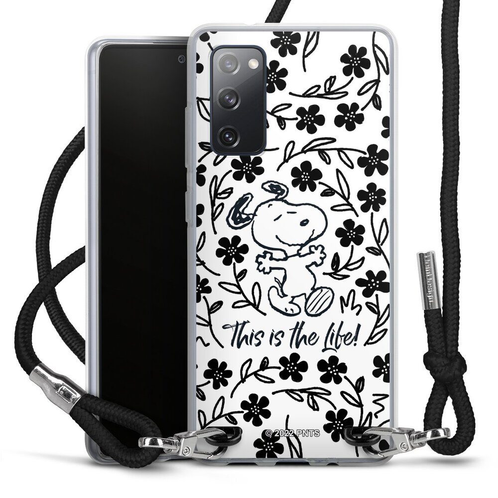 DeinDesign Handyhülle Peanuts Blumen Snoopy Snoopy Black and White This Is The Life, Samsung Galaxy S20 FE 5G Handykette Hülle mit Band Case zum Umhängen