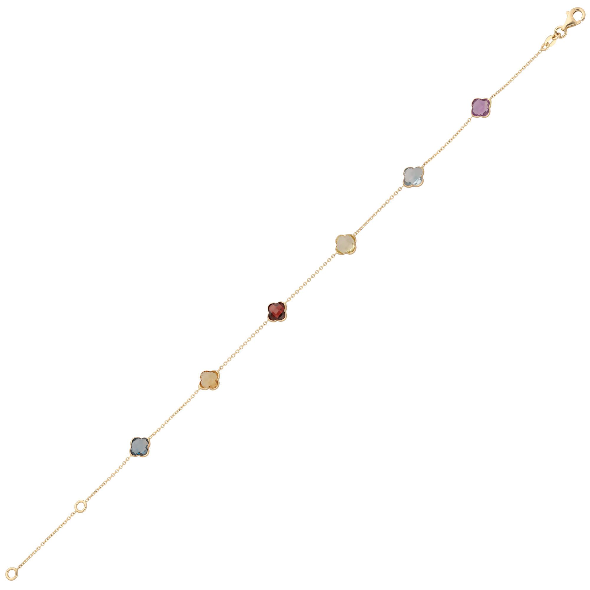 Schmuck Krone Fußkette Fußkette 585 Gelbgold Kleeblatt Blumen Edelsteine 22-25cm, Gold 585
