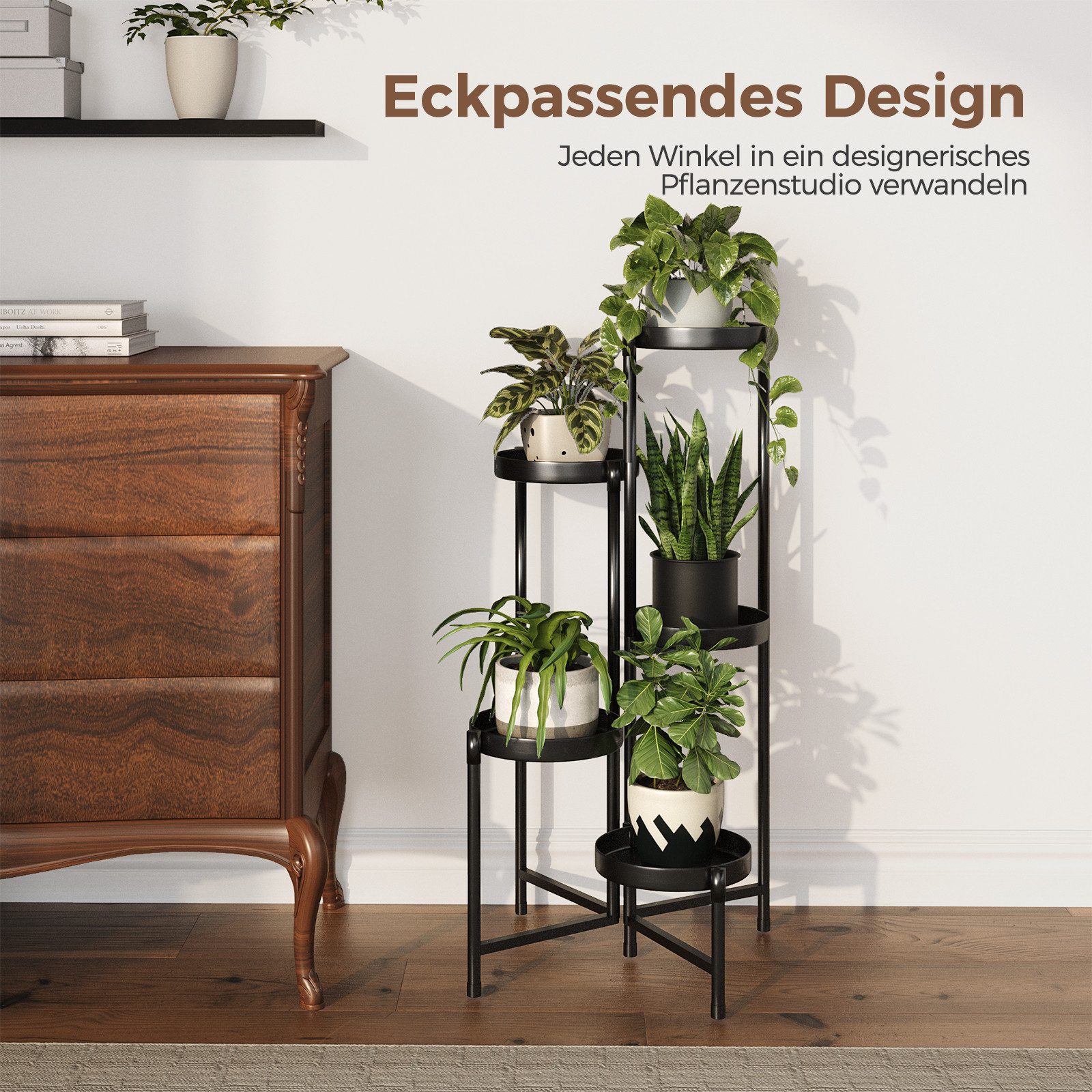 Bamworld Blumenständer 5 Ebenen, Modernes Metall Pflanzenregal, 48,5x48,5x82 cm (1 St), Platzsparend für Indoor & Outdoor Nutzung, Hohe Belastbarkeit