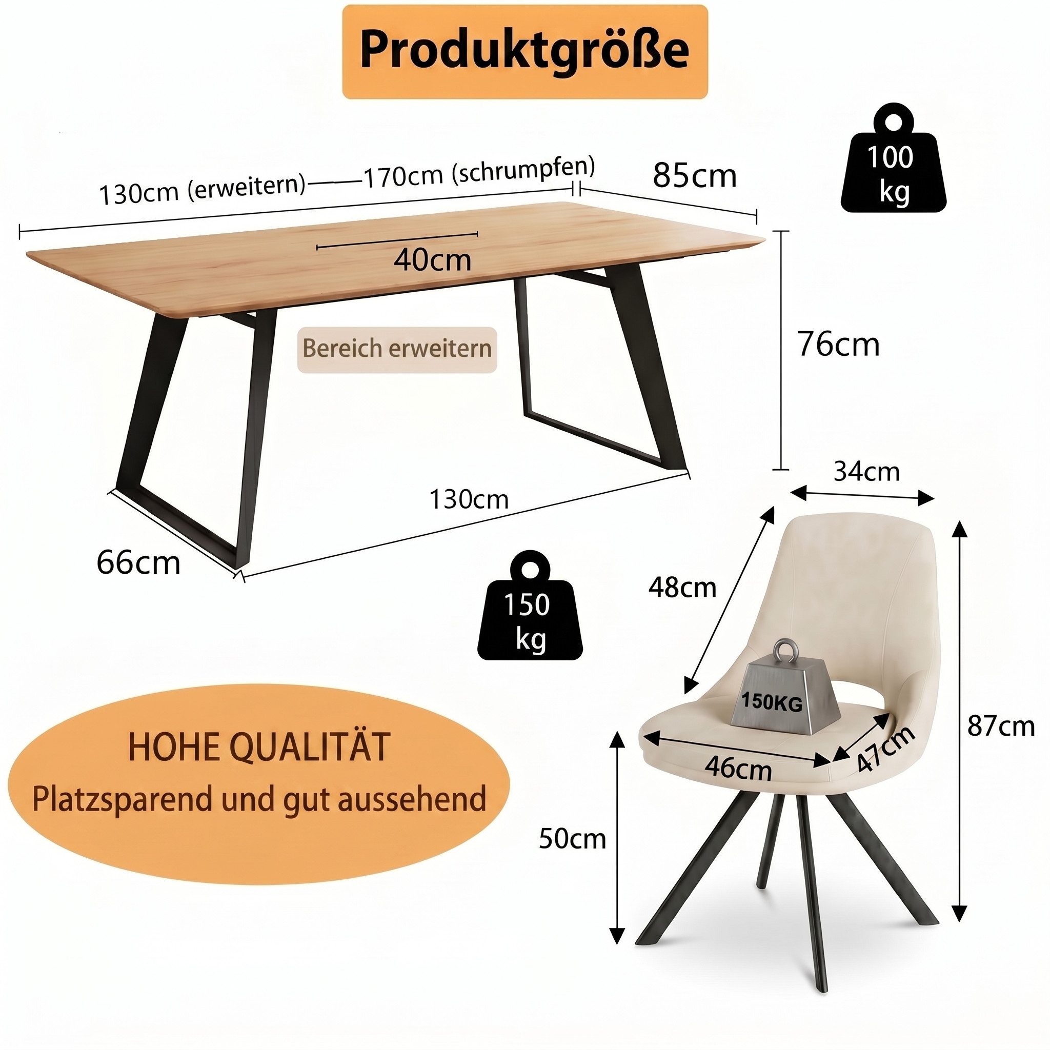 Jiexi Essgruppe Essgruppe ausziehbar MDF Eiche-Optik Tisch mit Flanell Stühlen – Bild 3 von 5