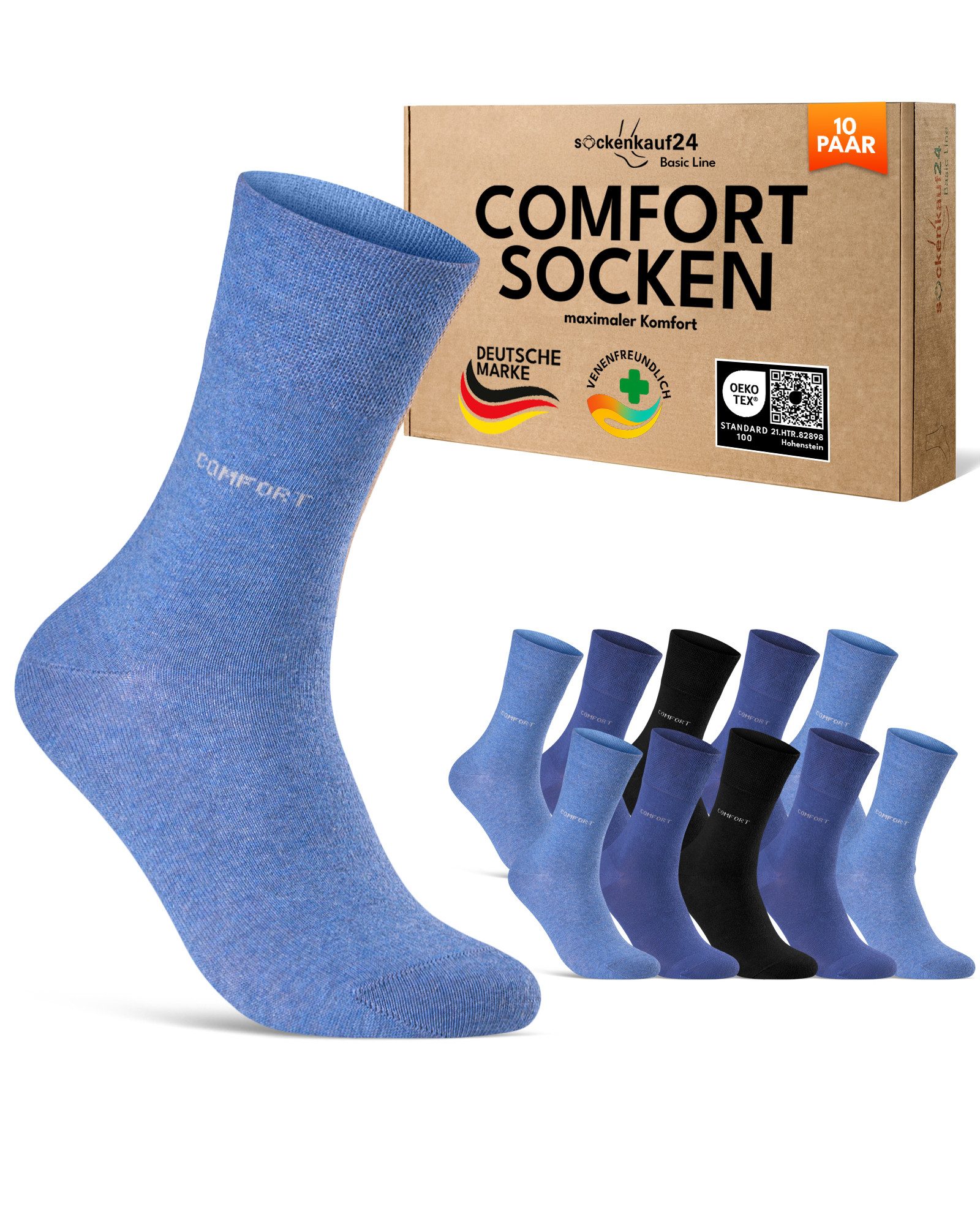 sockenkauf24 Gesundheitssocken Comfort Socken ohne Gummibund & ohne Naht mit Komfortbund (10-Paar) Socken ohne Gummi aus Baumwolle für Damen und Herren