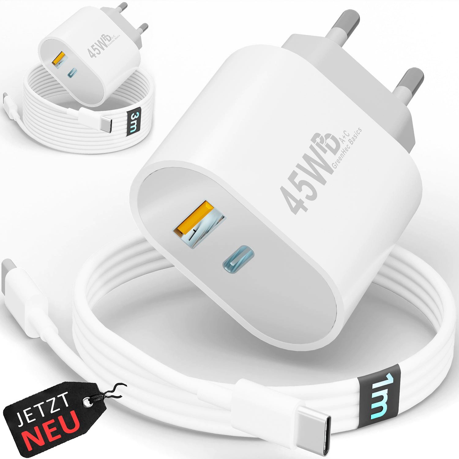 GreenHec 45w Ladegerät USB C Charger für Samsung S25 S24 S23 iPhone 17 16 15 Schnelllade-Gerät (50 mA, Spar-Set, Universelle Kompatibilität, Handy Tablet Netzteil Stecker Adapter + USB-C Ladekabel 1m 2m 3m)