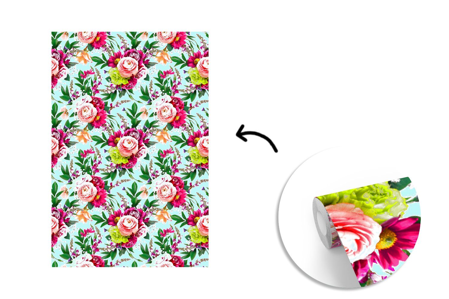 (3 Matt, Farben Wandtapete für Fototapete bedruckt, - Wohnzimmer, Blumen Vinyl St), Montagefertig MuchoWow Tapete - Muster,