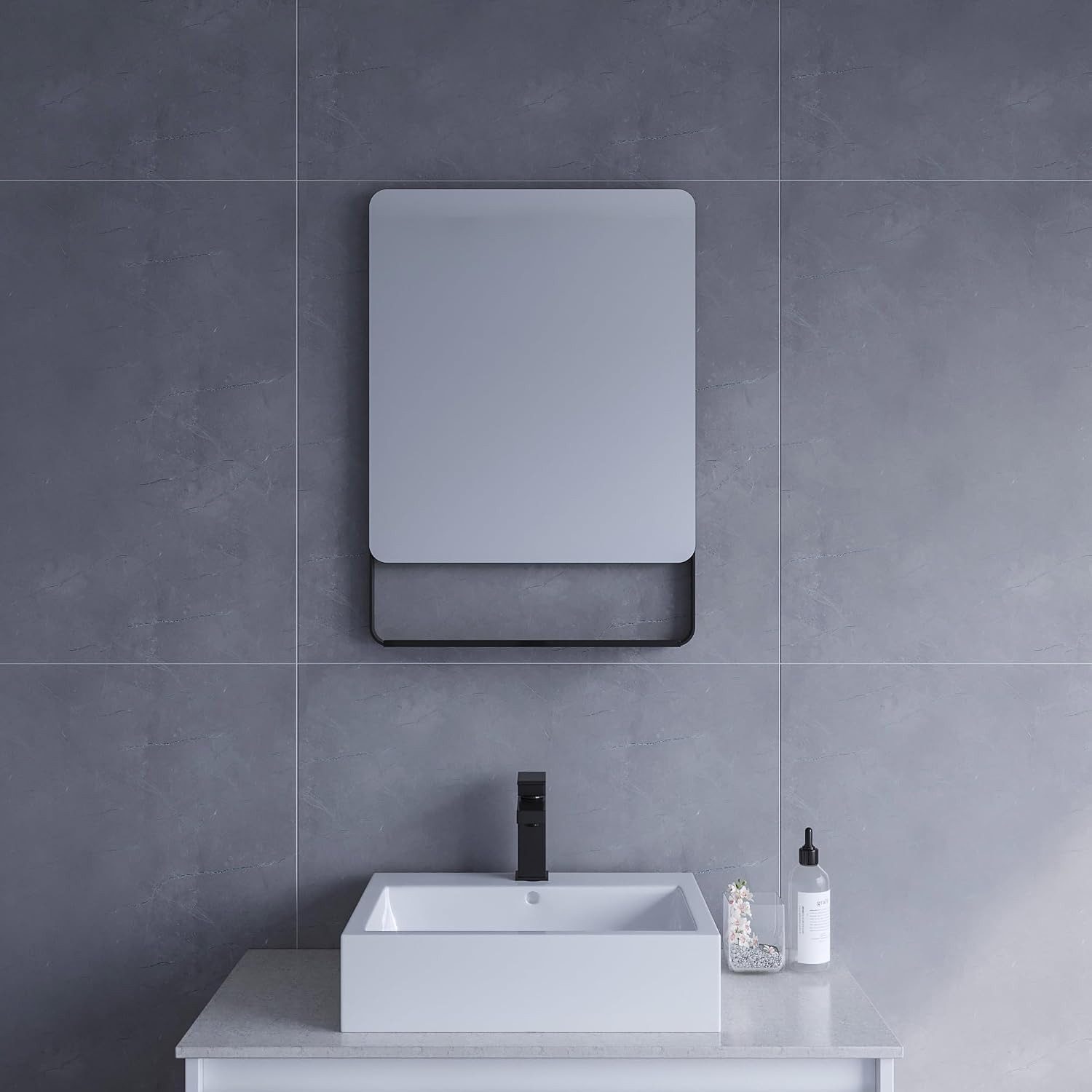 AQUALAVOS Spiegel Wandspiegel mit Ablage Schwarzer Aluminiumrahmen 4 mm Kristallglas Bad, 50x70 80x60 cm ohne LED Umweltfreundliches Material Einfache Montage