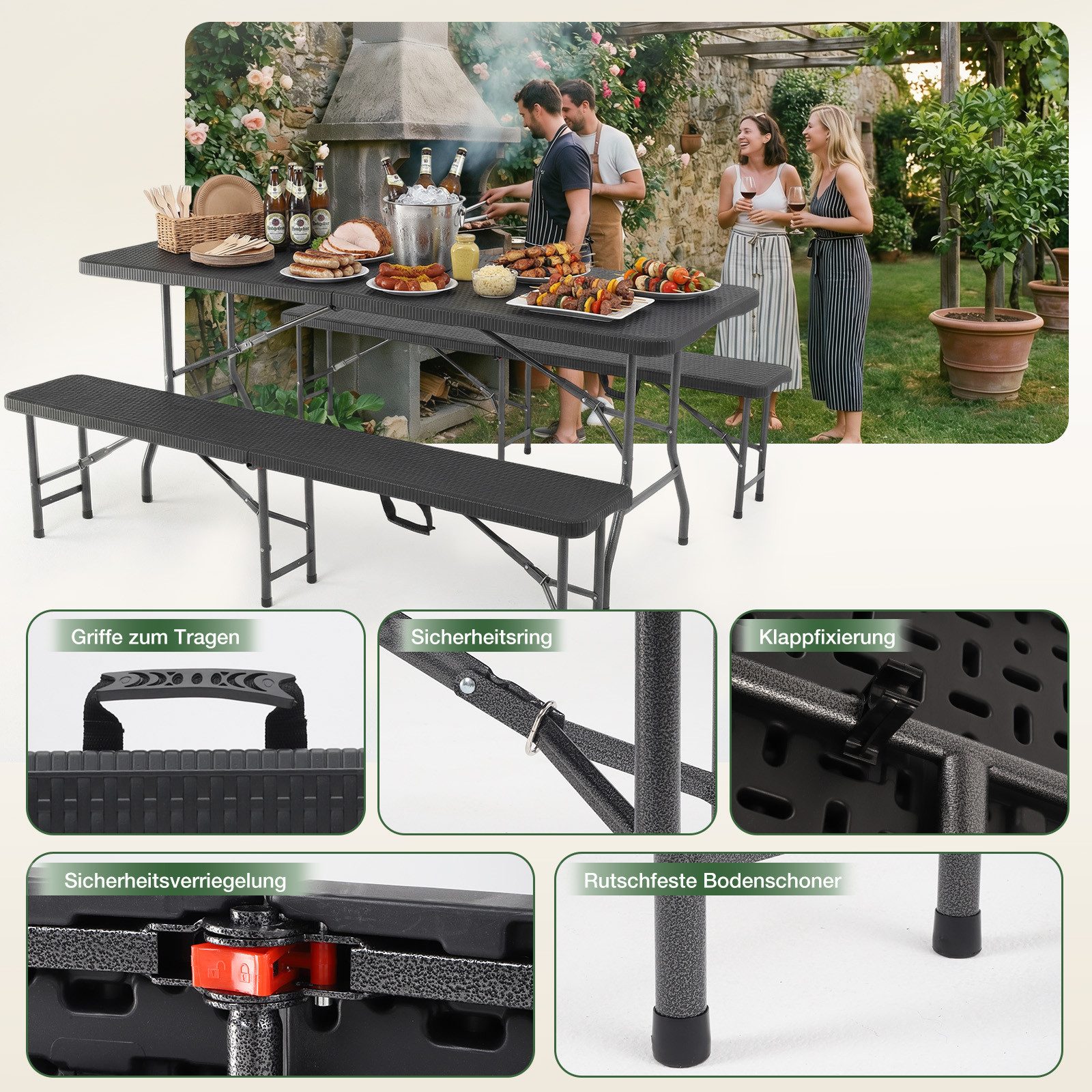 Sekey Bierzeltgarnitur Klappbar Bierzeltgarnitur 180cm Festzeltgarnitur Biertisch Set, 3-teilig, Tisch + 2 x Bierbank, Gartenmöbel Set – Bild 4 von 5