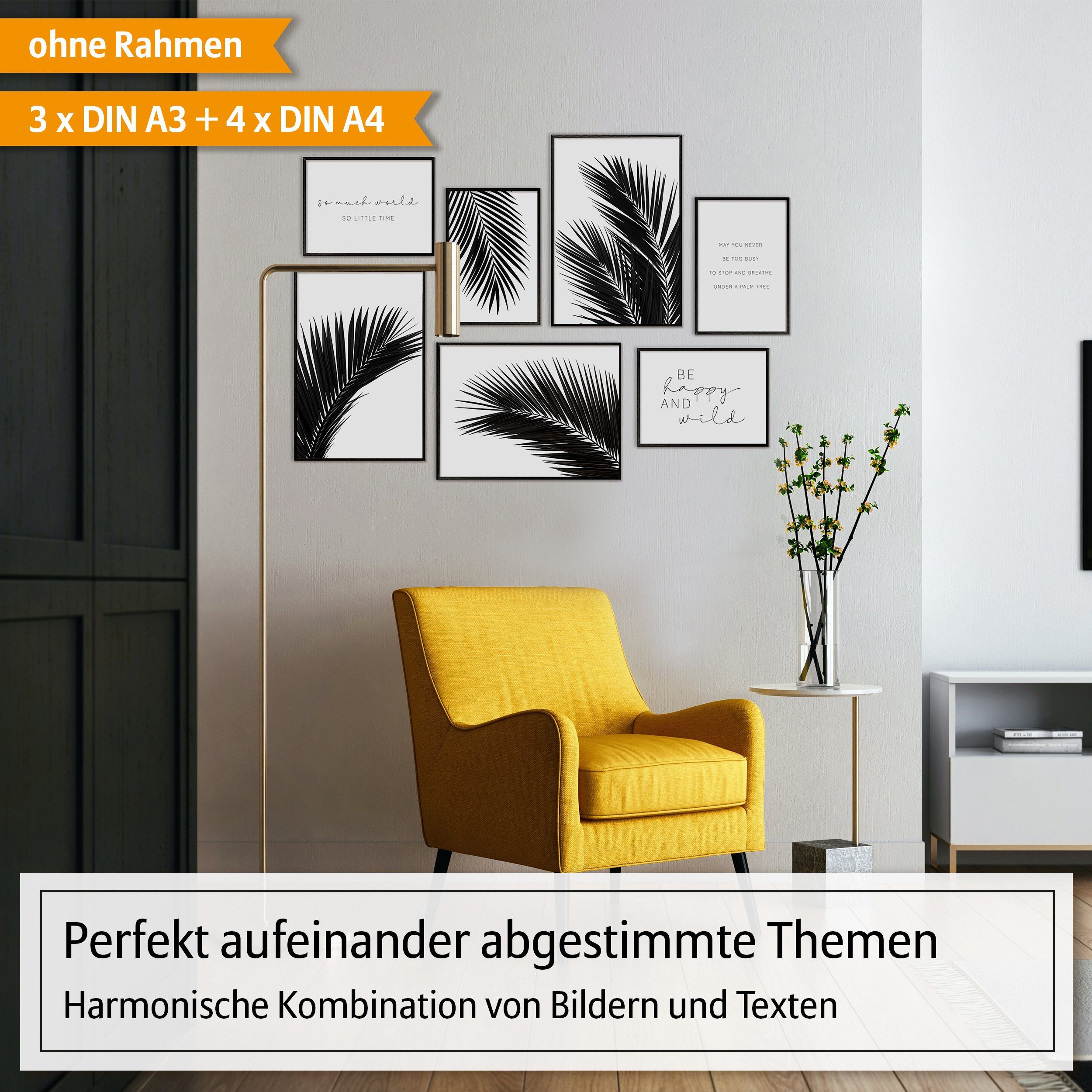 Hyggelig Home Poster Palmenblatt schwarz-weiß, Premium Poster Set OHNE & MIT Rahmen, Bilder, Pflanze (Set, 7 St), Collage be happy, Qualitätsdruck auf dickem Pa – Bild 2 von 5