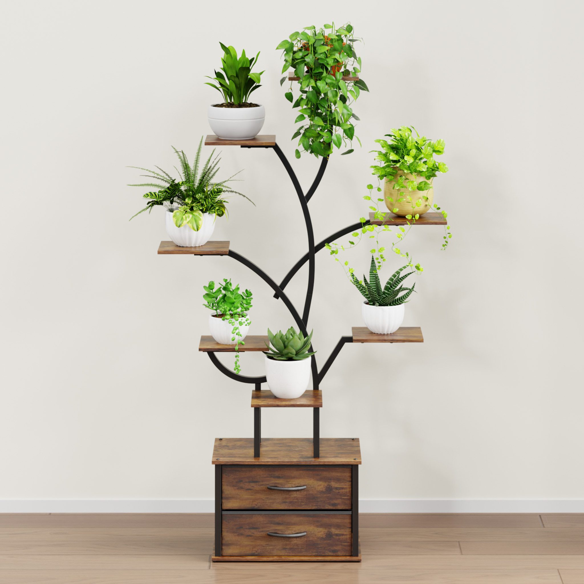 Mondeer Blumenständer Pflanzenständer, mit LED-Pflanzenlampe, 9 Etagen, 2 Schubladen