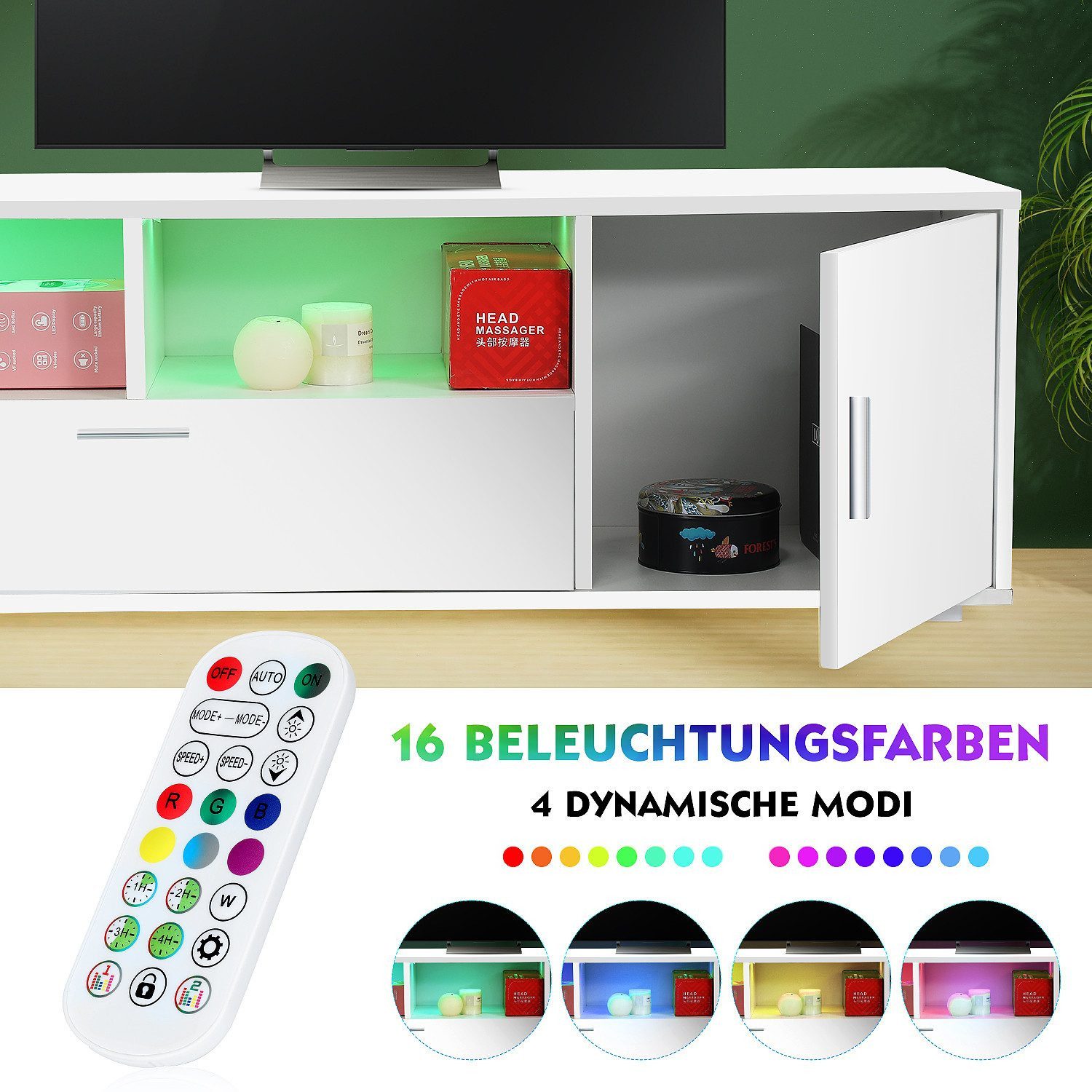WILGOON TV-Schrank Fernsehkommode, Hochglanz TV Schrank, mit 16 Farben LED Beleuchtung (Fernsehschrank, 1-St., 2 offenes Regalfach,3 Ablagen mit Griff Klapptüre – Bild 4 von 5