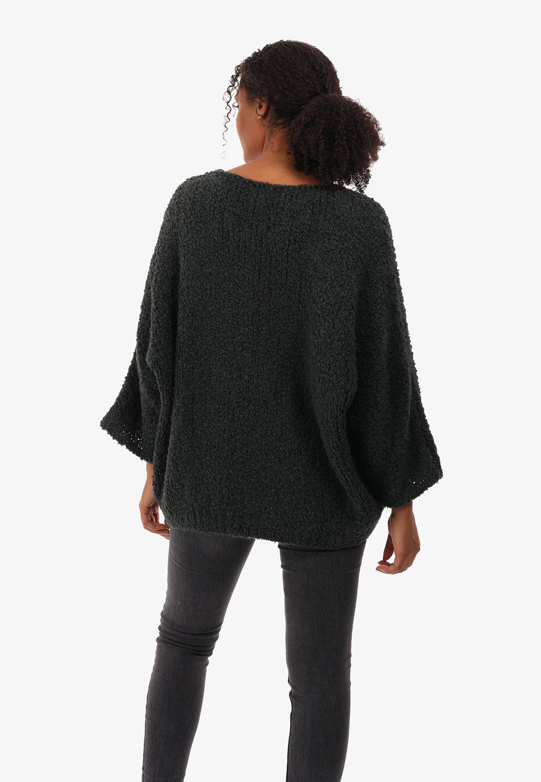 YC Fashion & Style (1-tlg) Grobstrick dunkelgrün Pullover Size mit Strickpullover casual Pulli One Winter V-Ausschnitt Damen