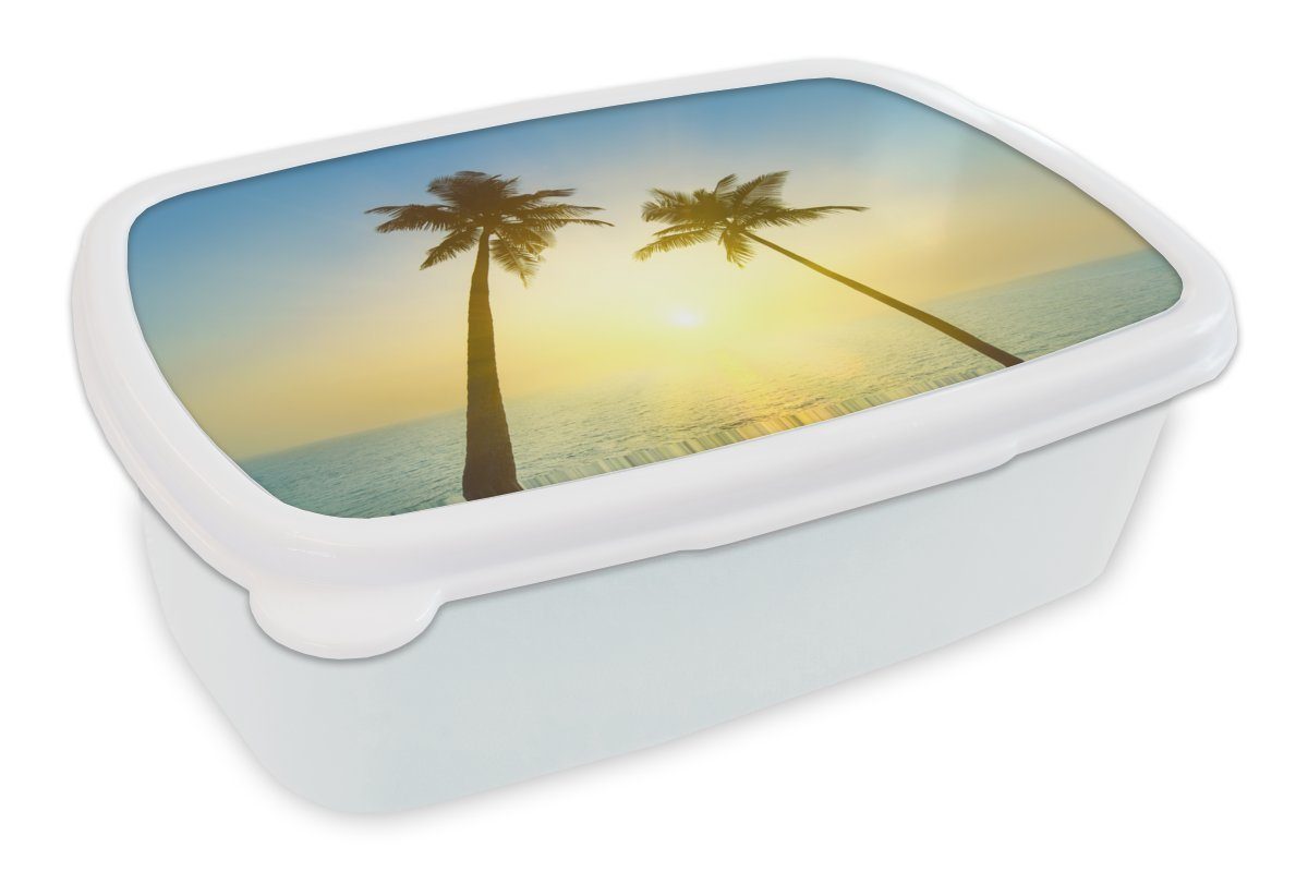 MuchoWow Lunchbox Strand - Sonnenuntergang - Palmen, Kunststoff, (2-tlg), Brotbox für Kinder und Erwachsene, Brotdose, für Jungs und Mädchen weiß