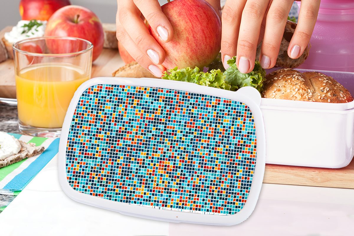 MuchoWow Lunchbox Mosaik Jungs Kinder für Brotdose, - Muster, weiß - und Erwachsene, für Mädchen Kunststoff, (2-tlg), Pixel und - Kacheln Brotbox
