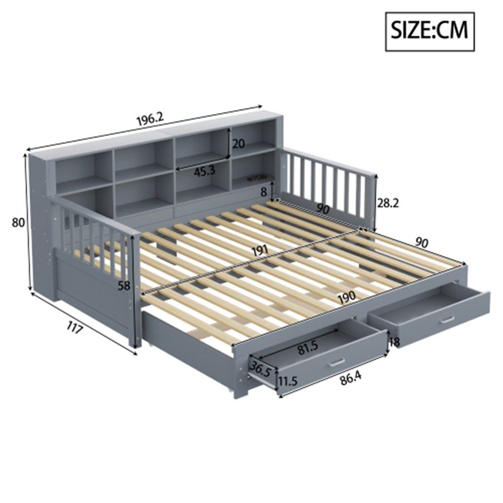 XDeer Schlafsofa Ausziehbares Massivholz-Schlafsofa, Stauschrank mit Ladesteckdose, in der Seitenlehne,Multifunktionales Kiefernbett, 90/180x190 cm