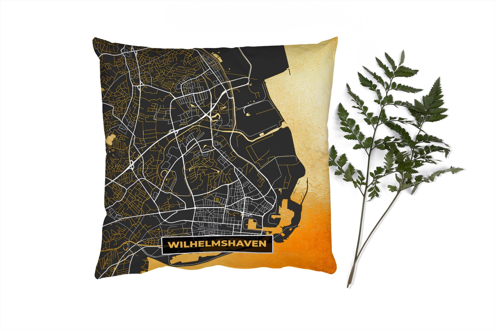 MuchoWow Dekokissen Wilhelmshaven - Stadtplan - Gold - Deutschland - Karte, Zierkissen mit Füllung für Wohzimmer, Schlafzimmer, Deko, Sofakissen