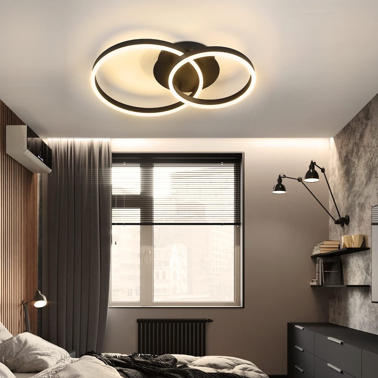 Schwarz Deckenlampe LED LED 45W, ZMH dimmbar Esszimmer Deckenleuchte 2 integriert, fest 59cm Modern Ringe