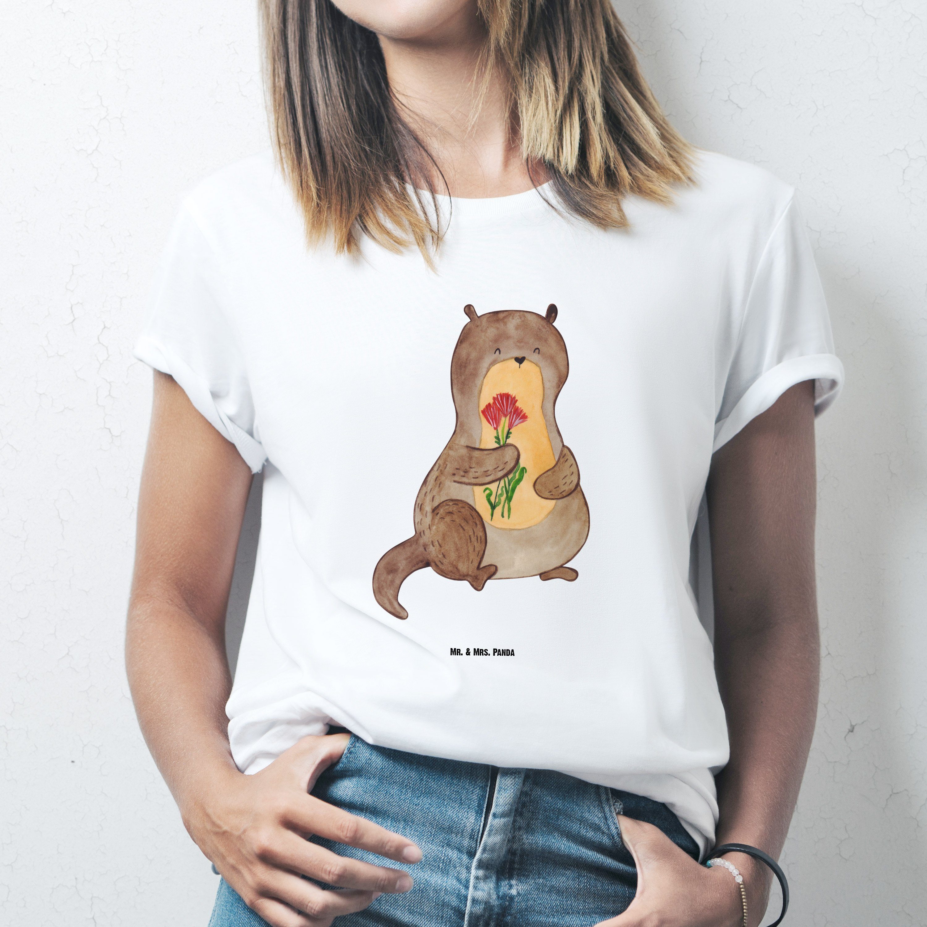 Mr. & Mrs. Panda T-Shirt Otter Blumenstrauß, Tshirt, Weiß, Tshirt, Niedlich, Blumenstrauß, See (Packung) Herren T-Shirt XXL Oversize T-Shirt Shirt XXL