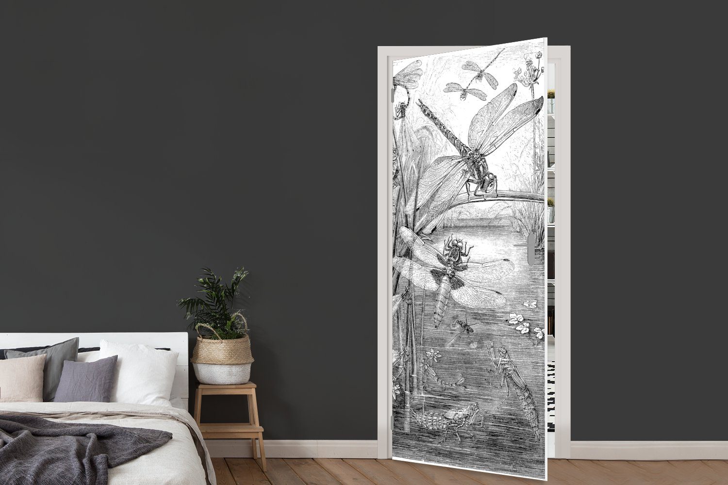 MuchoWow Türtapete Eine schwarz-weiße Illustration (1 cm Türaufkleber, Fototapete Matt, Libellen, 75x205 St), Tür, einiger für bedruckt
