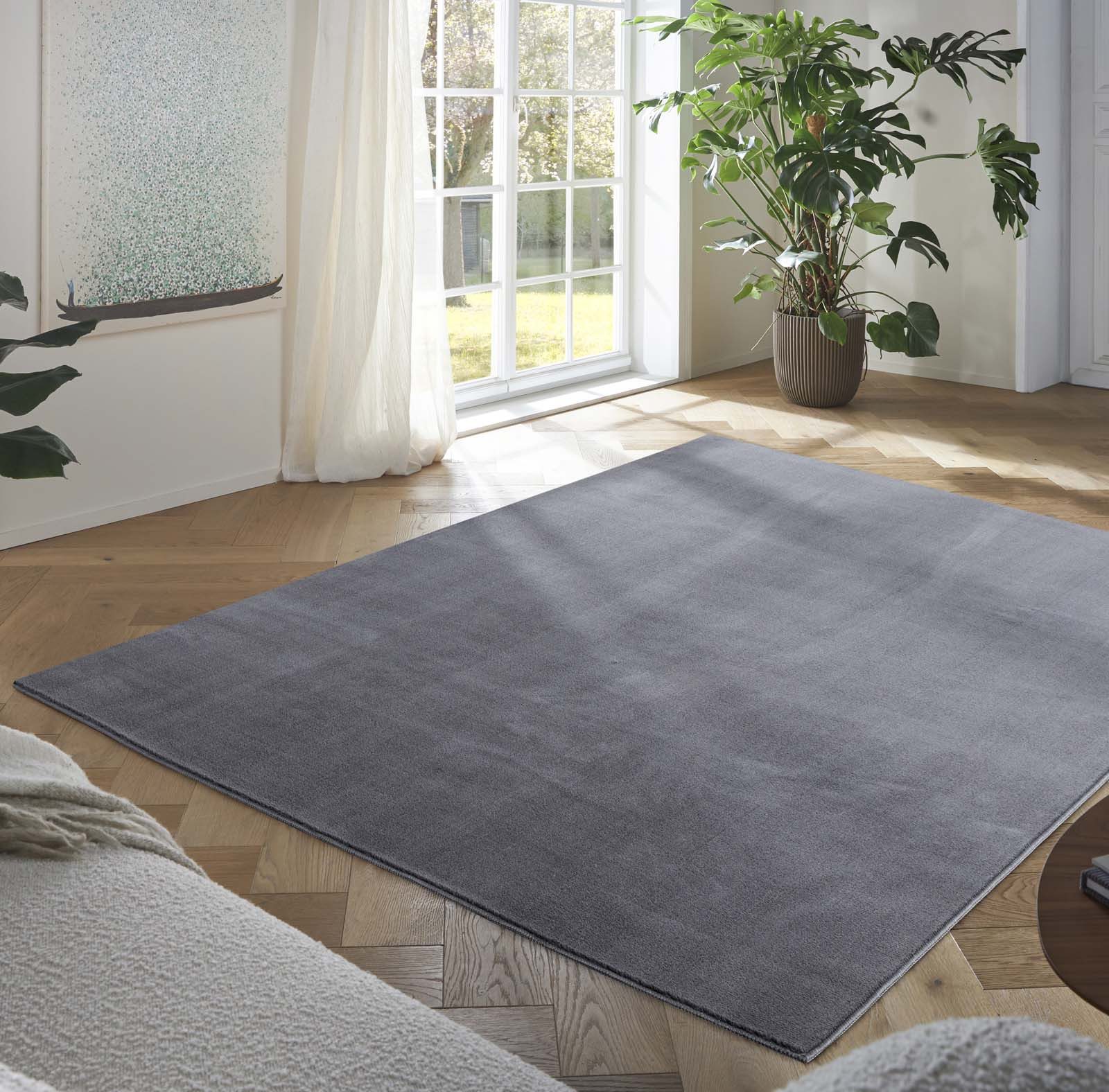 TaraCarpet Teppich Madrid Uni Kurzflor-Teppich, waschbar und pflegeleicht, rechteckig, Höhe: 9 mm, 9 mm Kurzflor, rechteckig, Farbe Anthrazit, Größe