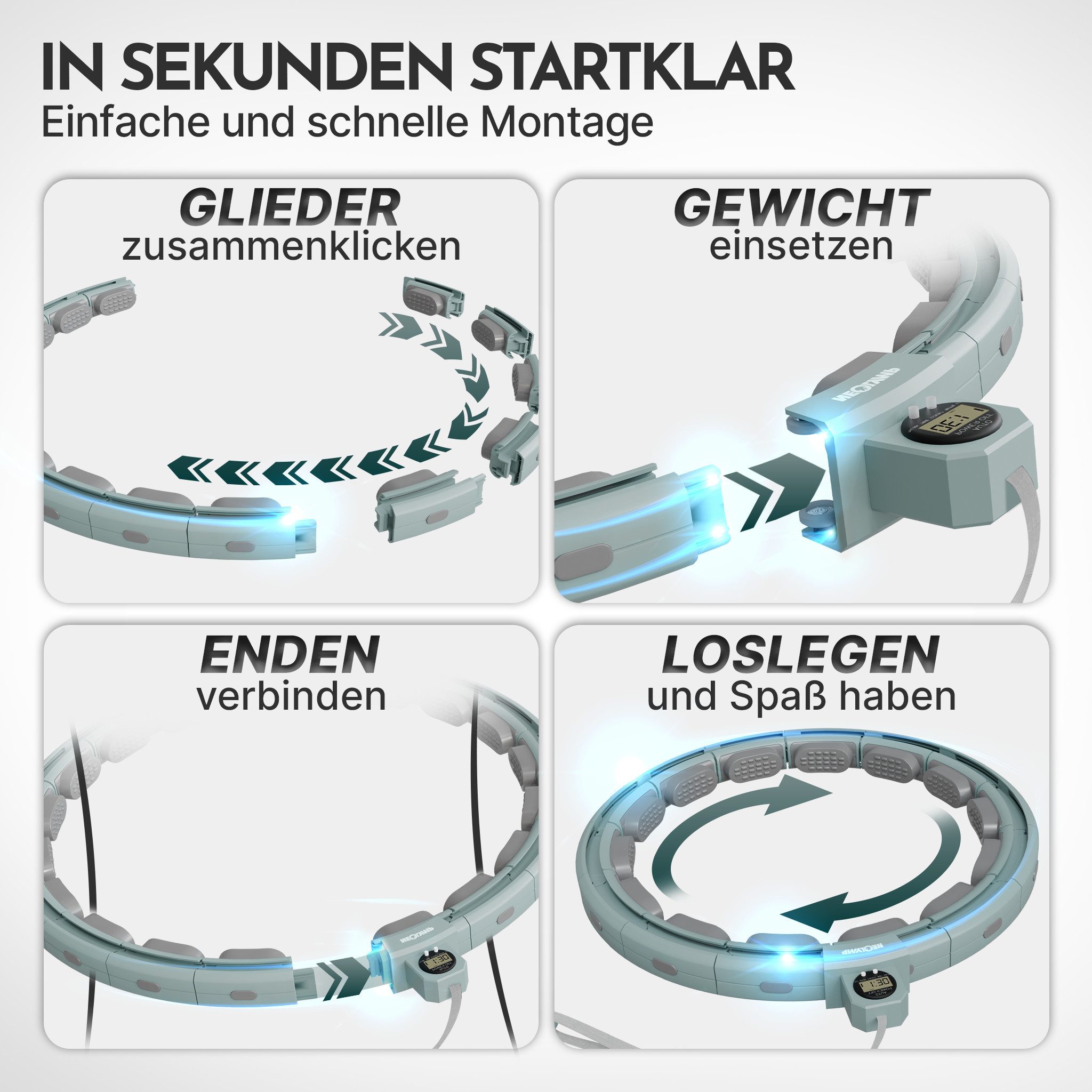 NEOLYMP Hula-Hoop-Reifen Hula Hoop Reifen Erwachsene – Fitness Ring leise verstellbar 29–40 cm (Smarter Hula Hoop Reifen verstellbar 29–40 cm Klick-System, Home Gym), Gymnastikreifen mit Tracking für Zeit, Umdrehungen und Kalorien