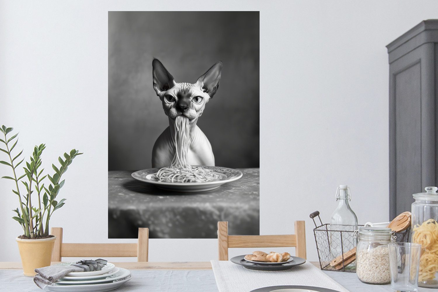 MuchoWow Wandsticker Sphynx - Katze - Tiere - Humor - Spaghetti - Schwarz und Weiß (1 St), Wanddeko, Aufkleber, Wandtattoo, 80x120 cm