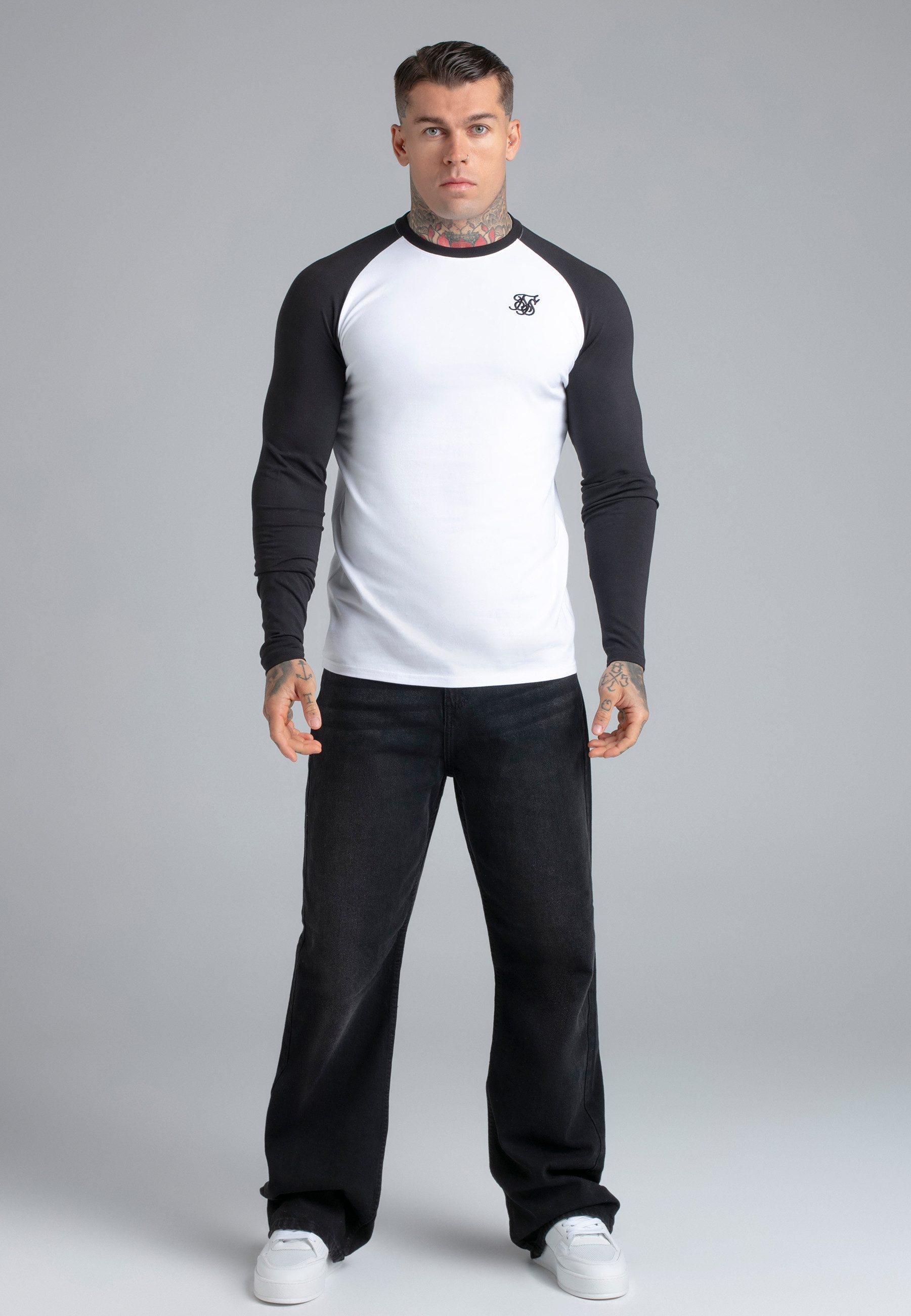 Siksilk T-Shirt SikSilk Herren Weiß and Schwarz LS Muscle Fit T-Shirt